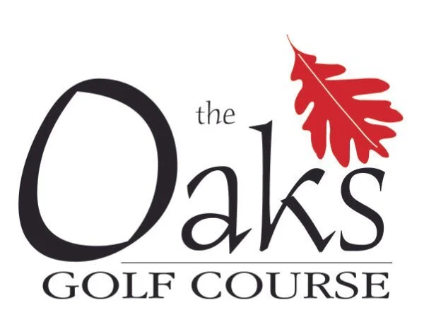 Logo for The Oaks Golf Course with a red oak leaf.