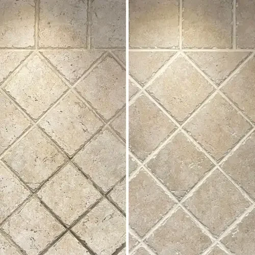 Split image showing closeup of before and after restoration of kitchen tiles with grout lines
