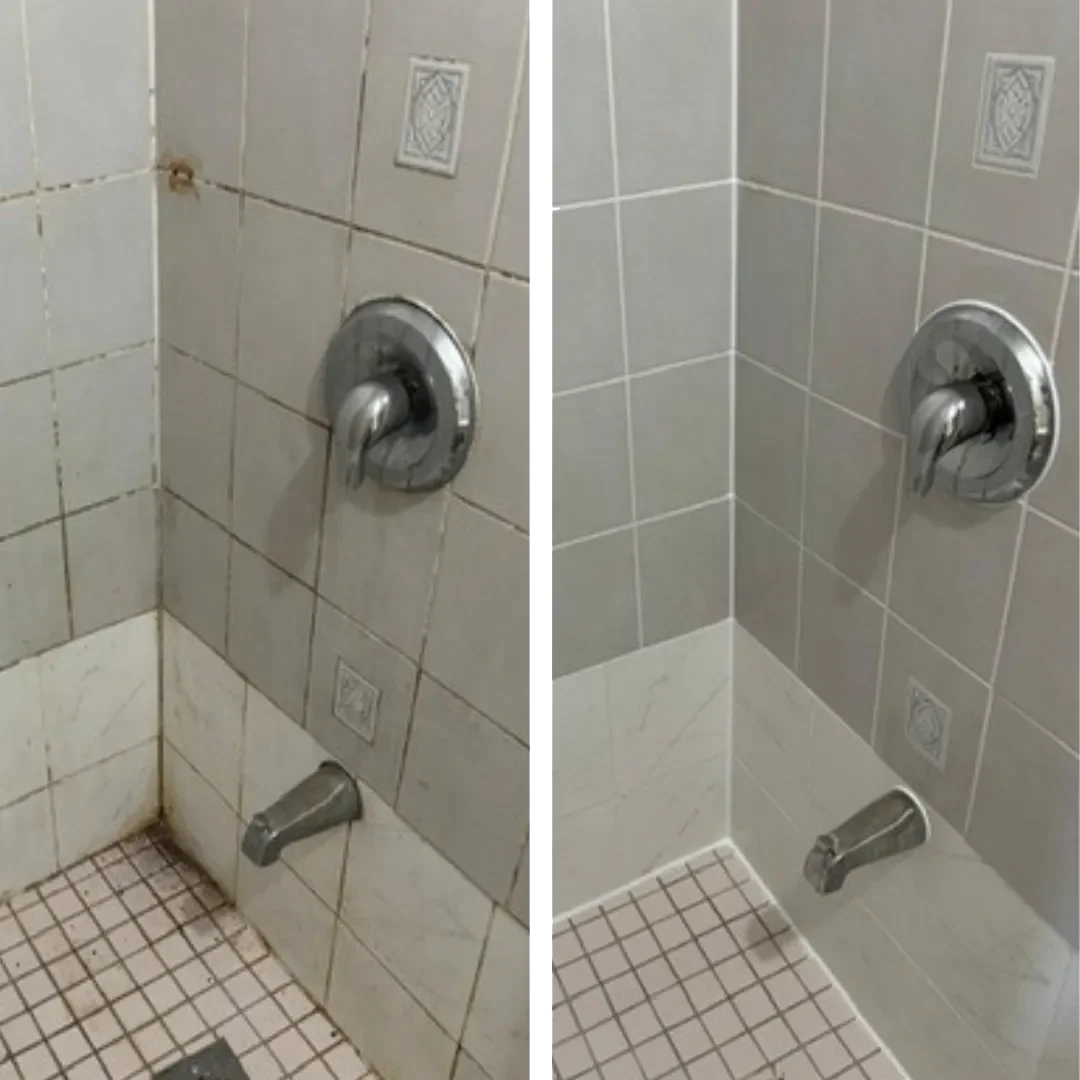 Split image showing before and after tile and grout restoration of shower wall, floor and faucet
