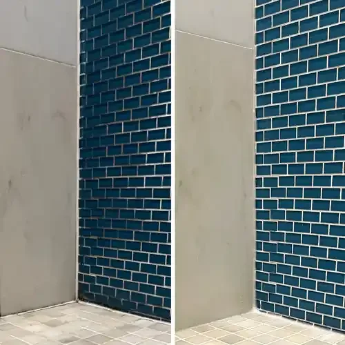 Split image showing before and after restoration of shower wall and regrouting of floor tiles