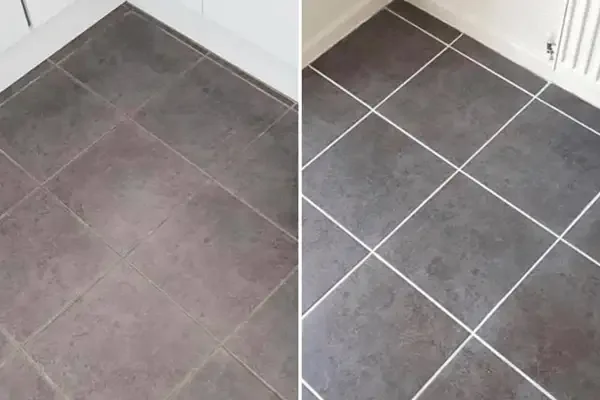 Split image showing closeup of before and after restoration of washroom floor tiles with grout lines
