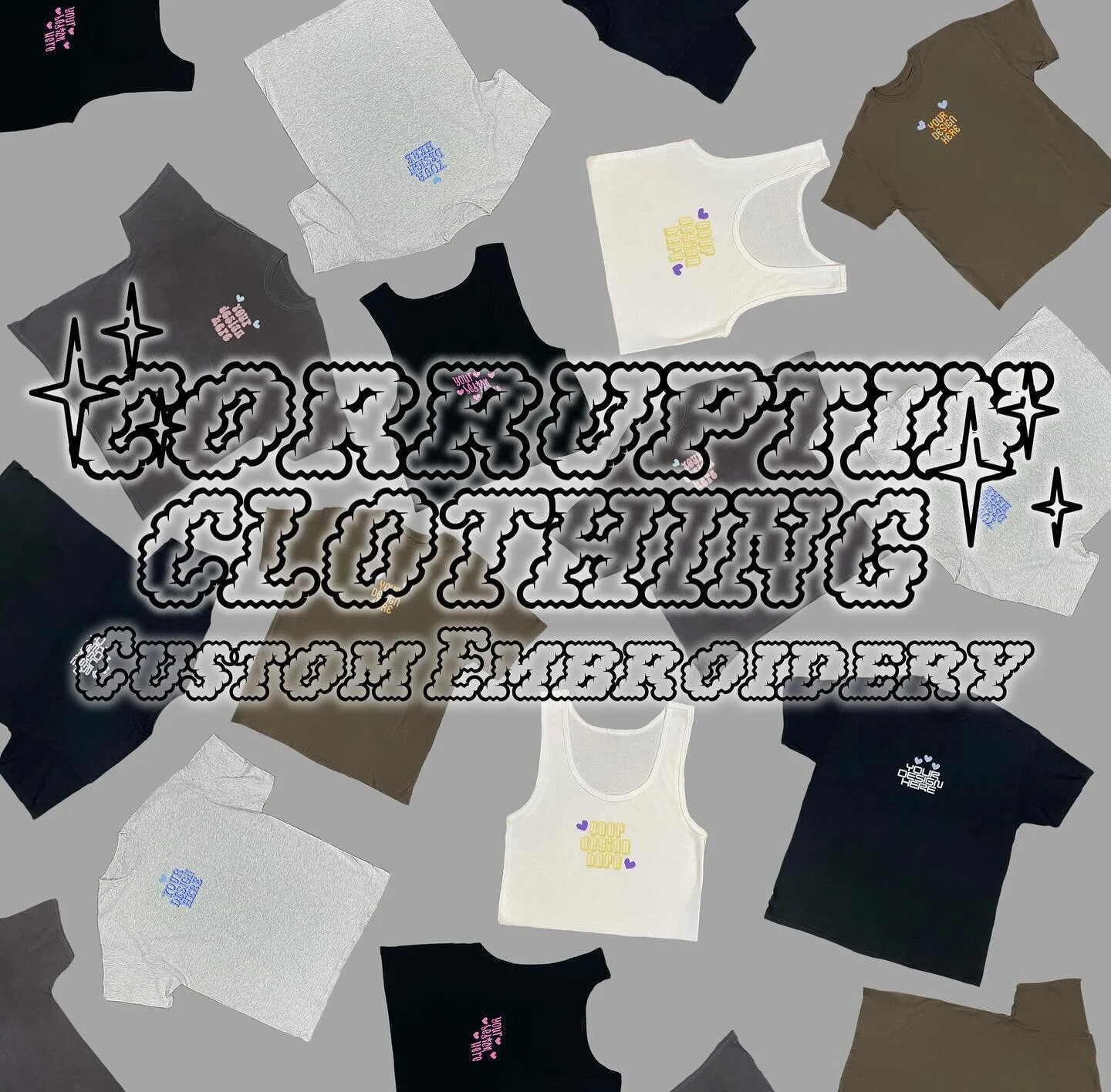 Introducing Corruptin Clothing Custom Embroidered tops, where you can bring your own unique, one-of-a-kind design to life!🫶 Whether it&rsquo;s for your own business, your beloved family members, or your closest friends, Corruptin is here to assist y