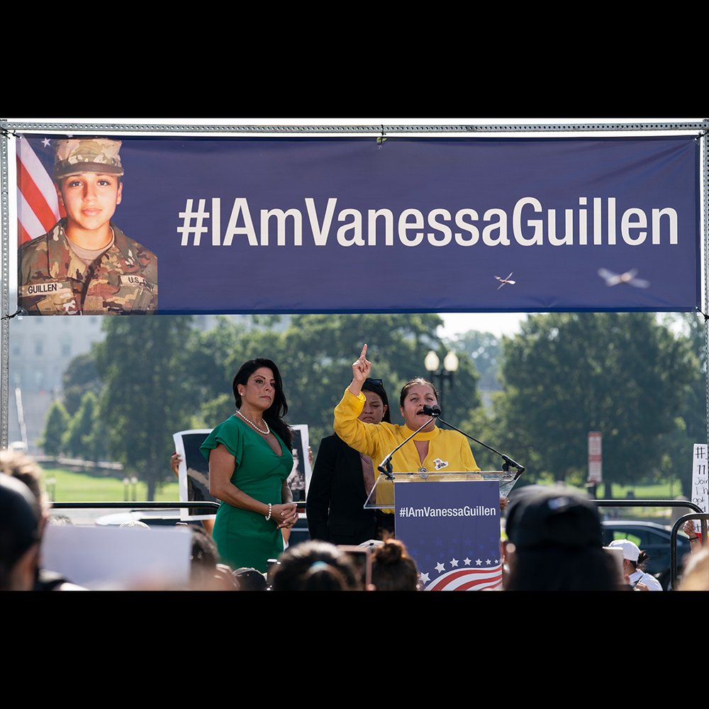 Vanessa Guillén's mother, Gloria Guillén, alongside Lupe Guillén and Natalie Khawam, speaks at a rally outside the U.S. Capitol in 2020