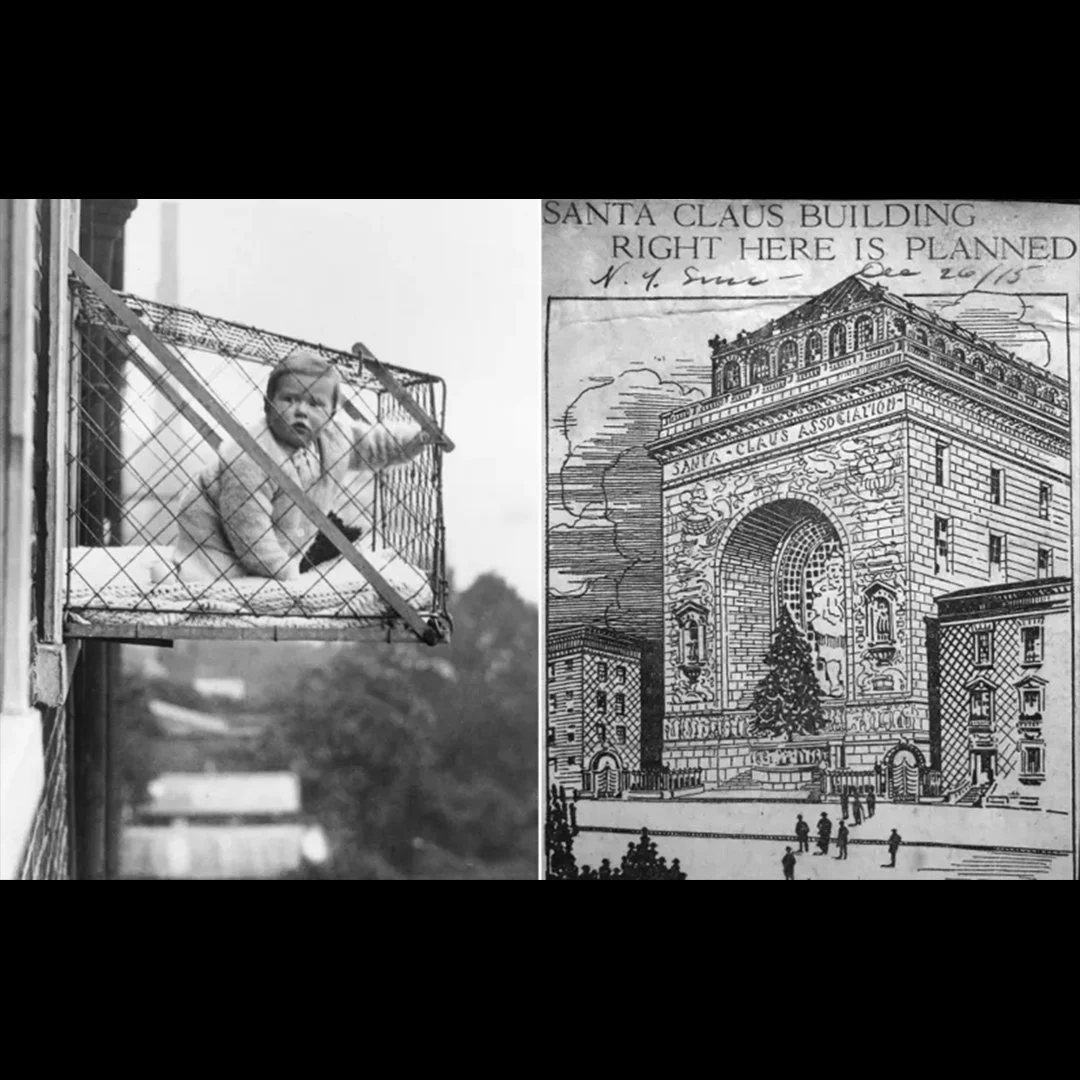 Chicken-wire window playpen (left) and plans for the Santa Claus Building (right)