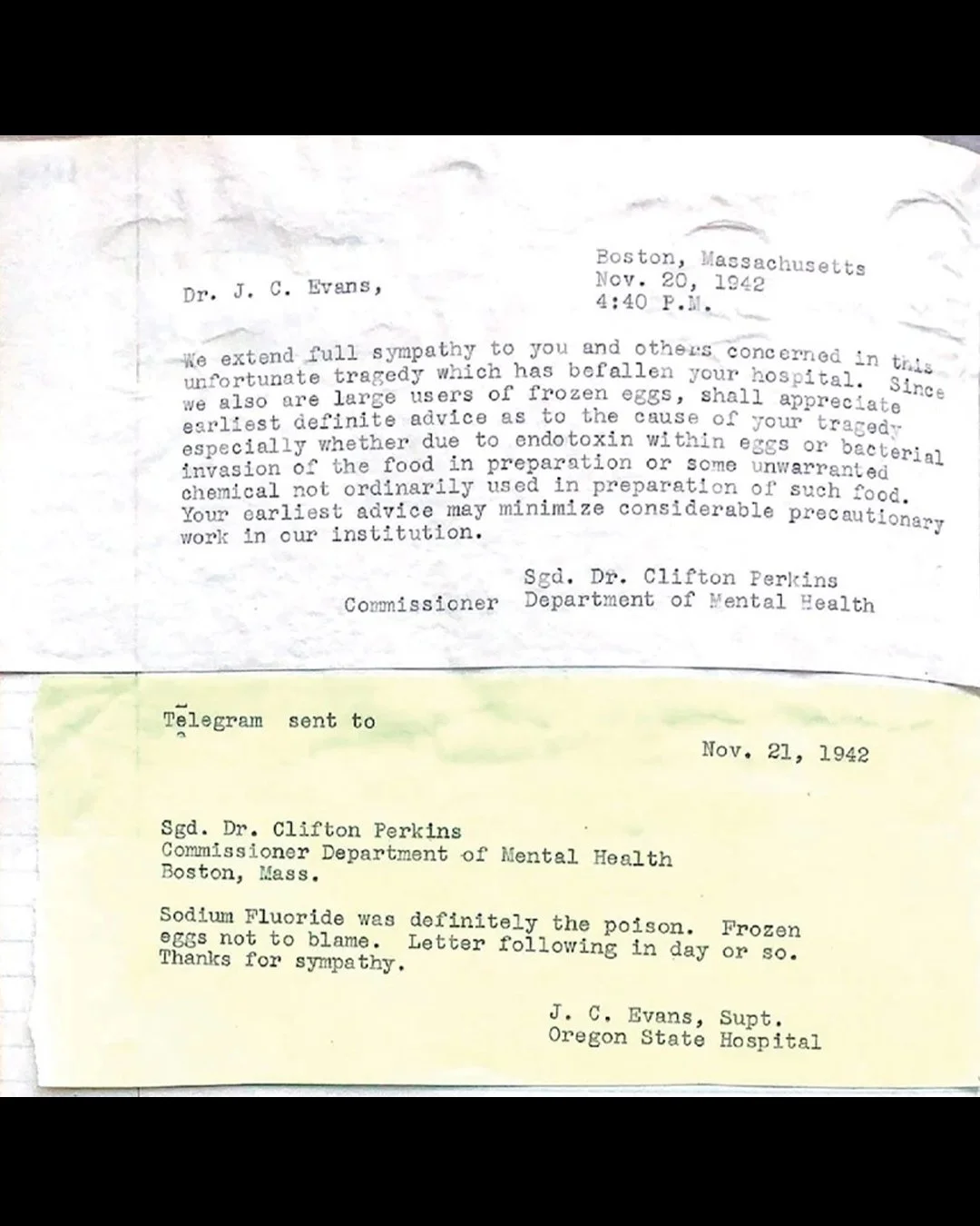 Correspondance between Boston Commission of the Department of Mental Health and Oregon State Hospital Superintendent showing fear of toxin in frozen eggs