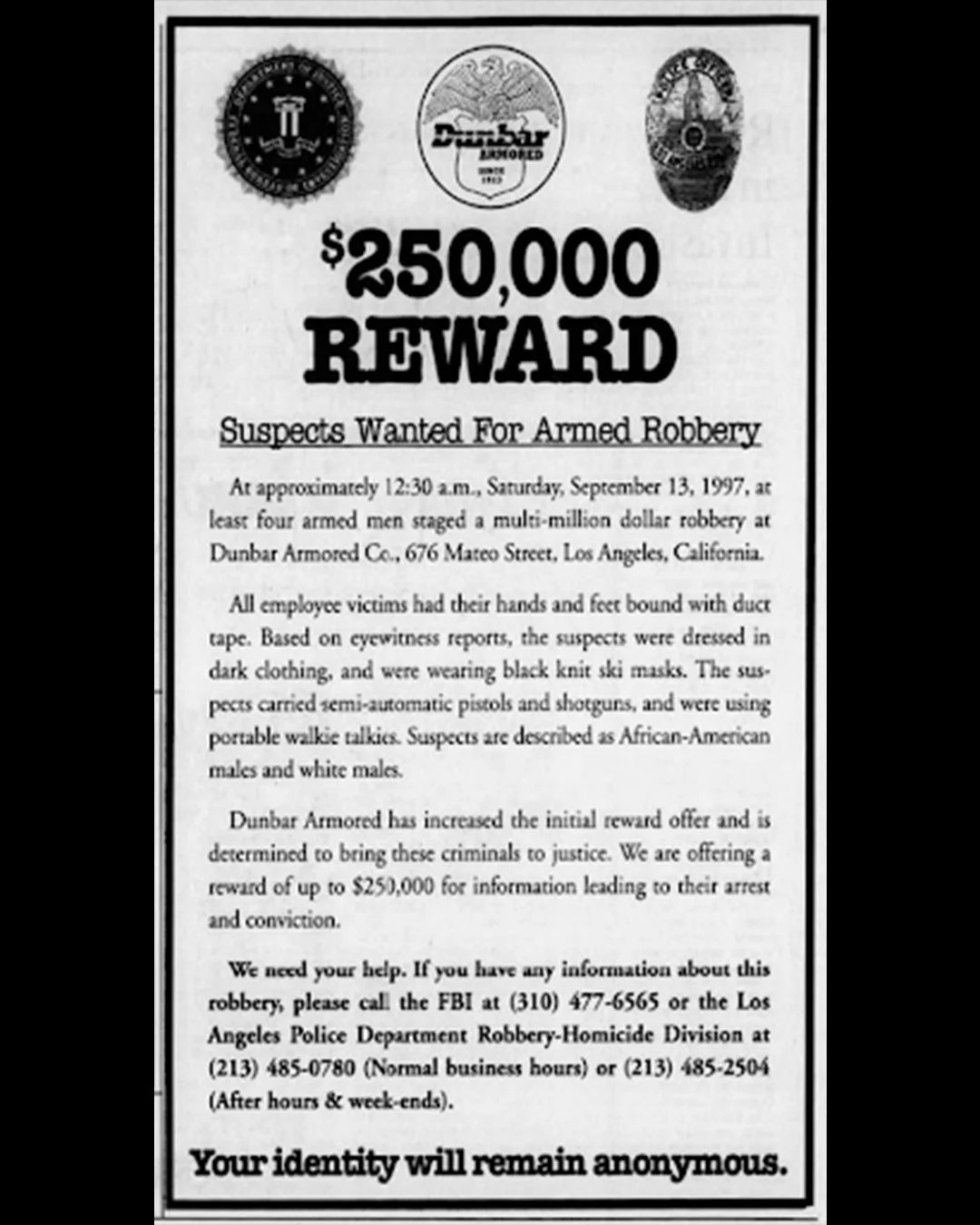 An advertisement for the cash reward in the LA Times, December 1997