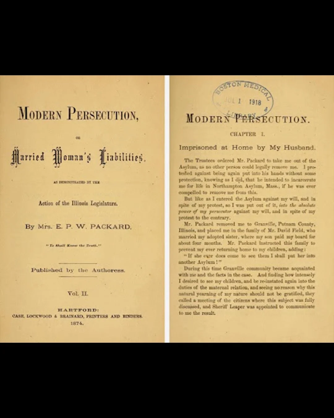 Title page from Modern Persecution by Elizabeth Packard