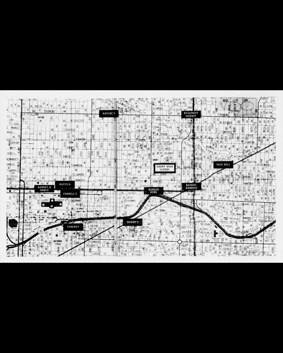 Map of all the businesses Tom and Ethan robbed, with a Grant High School locator (with the white background) at center-right