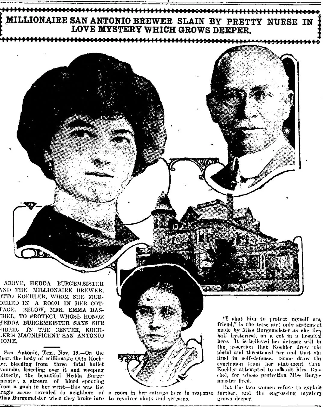 Illustration depicting Emma Burgemeister (top left), Emma Dumpke (center), and Otto Koelher (top right)