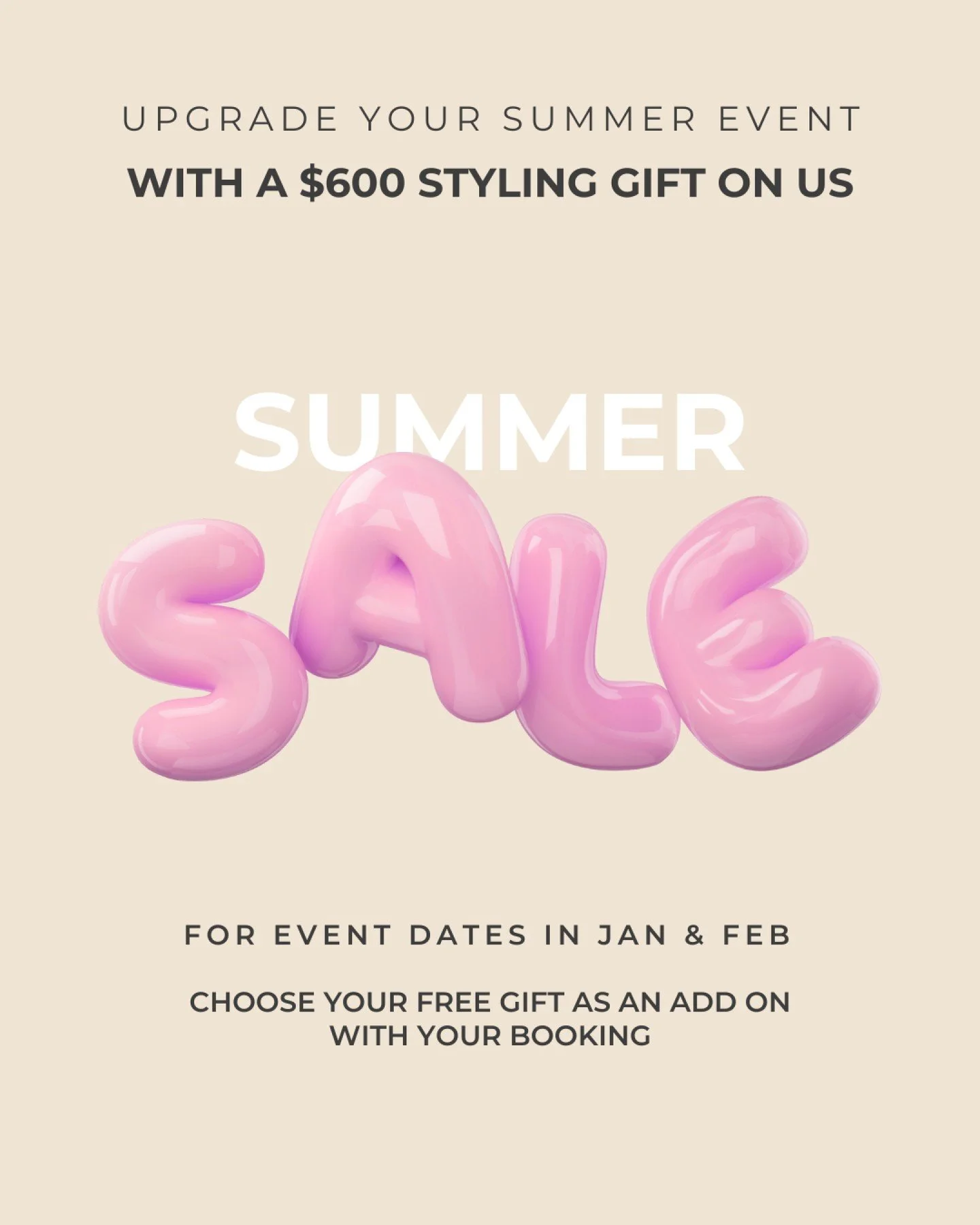 Ready to upgrade your summer event with a $600 gift? 🎁 

All you have to do: book your Jan or Feb event, spend over $1000 and select the 'summer sale' option in your enquiry form! 

Choose between a kids party pack, table styling or a welcome moment