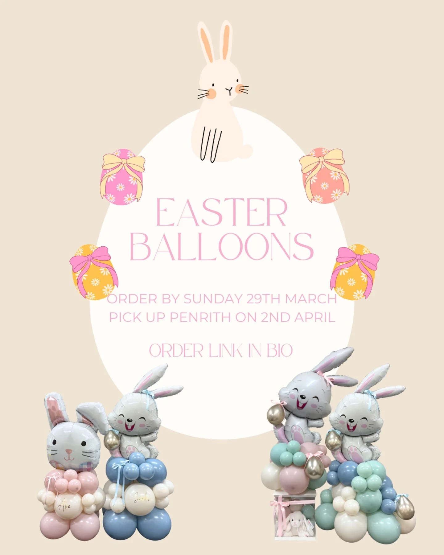 Looking for something a little extra this Easter? 🐣✨

Our Easter balloon range is here with 5 sweet designs to choose from! Some styles are available in pink or blue, and most can be personalised with a custom name for that extra special touch. Or k