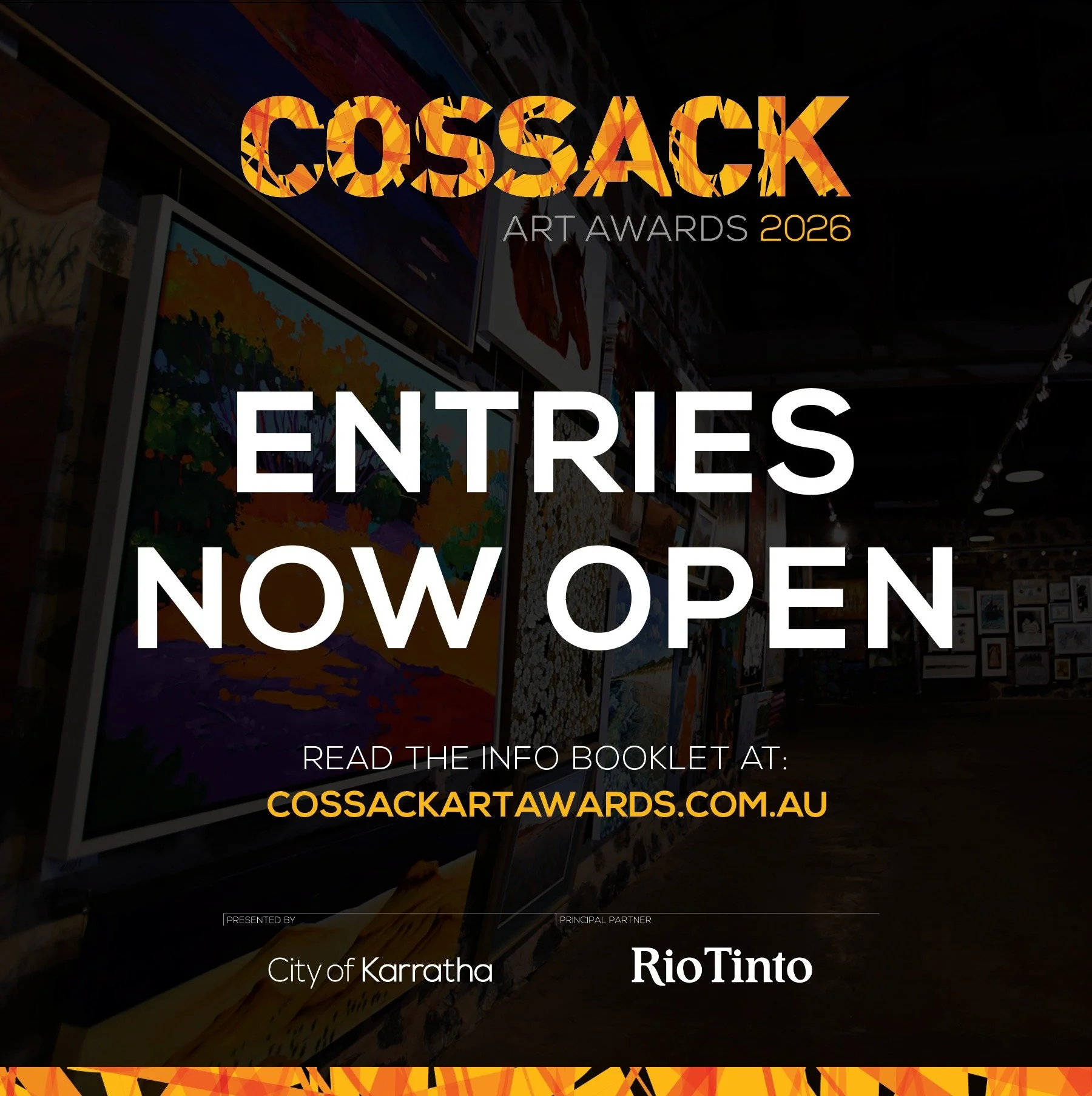 Entries are now open for the Cossack Art Awards, proudly presented by the City of Karratha with principal partner Rio Tinto.

Open to artists across Australia, the Cossack Art Awards boast a $97,000 prize pool across ten categories. Don't miss out on