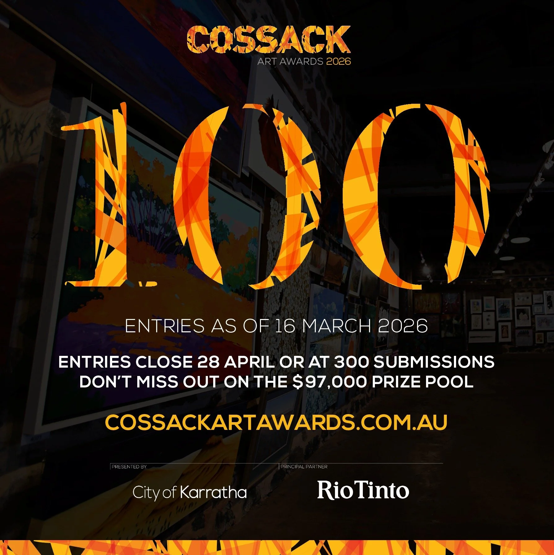 We've hit 100 entries for this year's Cossack Art Awards! 

Remember, entries will close when we reach 300 submissions or on 28 April, whichever comes first, and all delivered entries that meet the entry requirements are exhibited and eligible for th