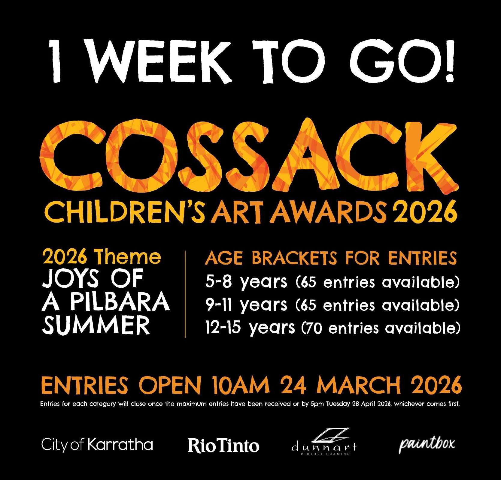 One week to go before our Children's Art Awards entries go on sale! 

🧡 Brush up on the entry requirements and set your reminders - these always sell out fast: https://www.cossackartawards.com.au/childrens