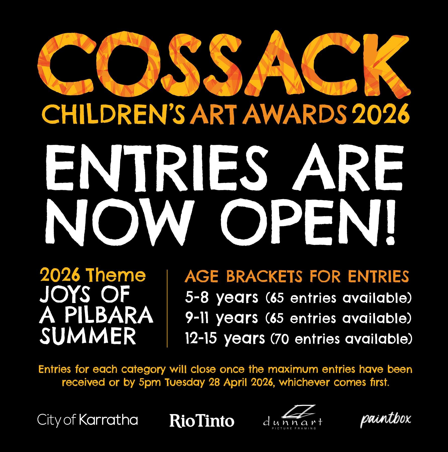 Entries to the Cossack Children's Art Awards are NOW OPEN!

Spaces are strictly limited, so secure your child's spot and get painting over the school holidays. 

Learn more and enter at: https://www.cossackartawards.com.au/childrens