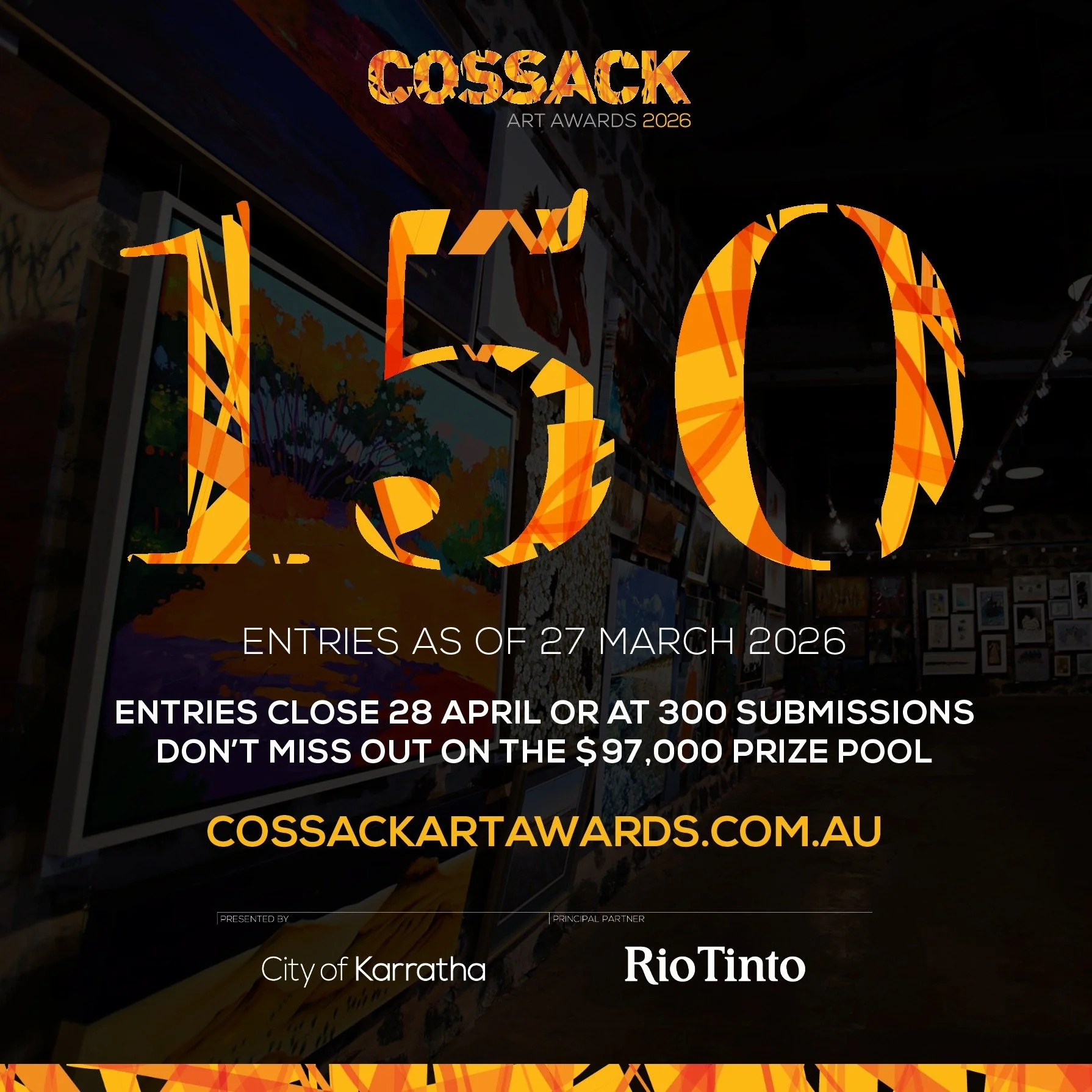 With just over a month to go, we've already hit 150 entries to this year's Cossack Art Awards! Entries will close when we hit the capacity of 300 entries, or on 28 April 2026, whichever comes first. 

All delivered artworks meeting the entry requirem
