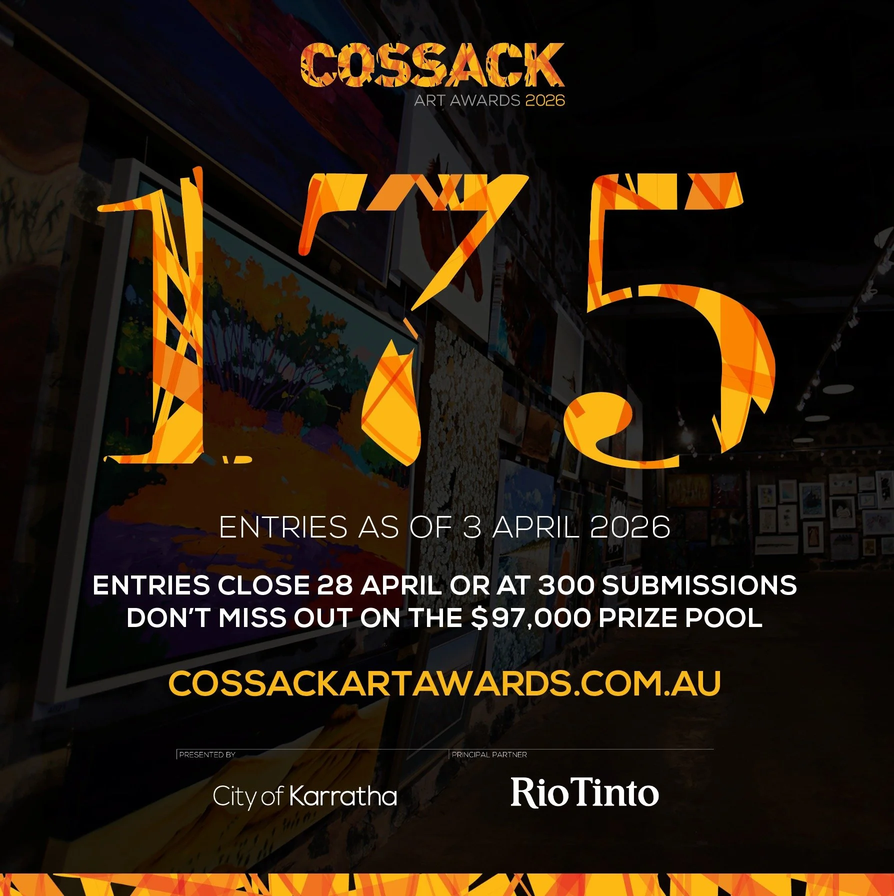 Open to artists across Australia, the unique and prestigious Cossack Art Awards boasts $97,000 in prize money across ten categories.

All delivered artworks meeting the entry requirements will be displayed and eligible for judging, so don't miss your