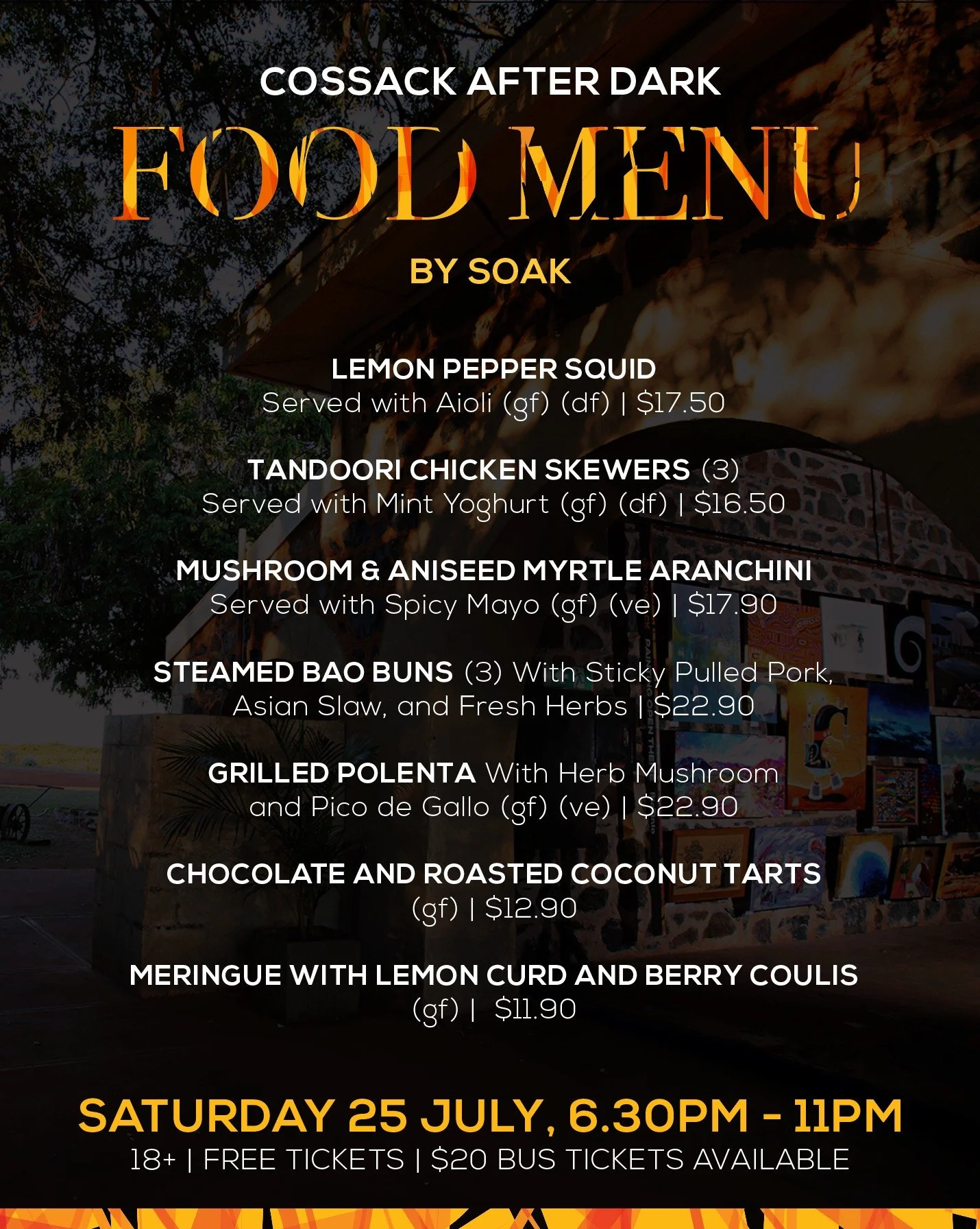 Our menu for Cossack Art After Dark just dropped and @soakindampier is bringing the goods!

Don't miss out on this special 18+ free event on Saturday 25 July, featuring late night access to the gallery, bar and food service, live music by Shmon&eacut