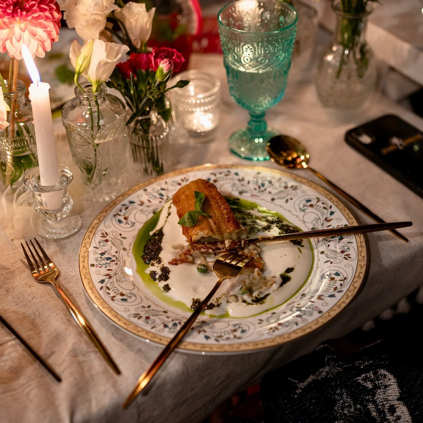 Fried Veggie manicotti: filled with potato, peas, carrots and eggplant on a bed of fried herbs salsa and cheese espuma.