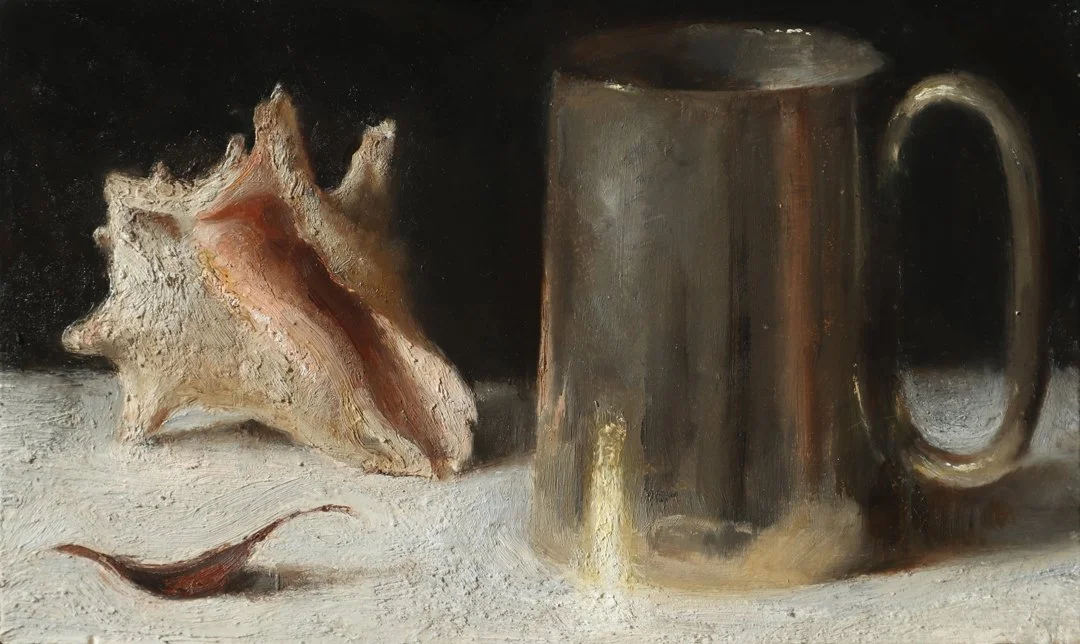 Golden mug, shell, and a leaf 26cm x 15cm oil on wood
