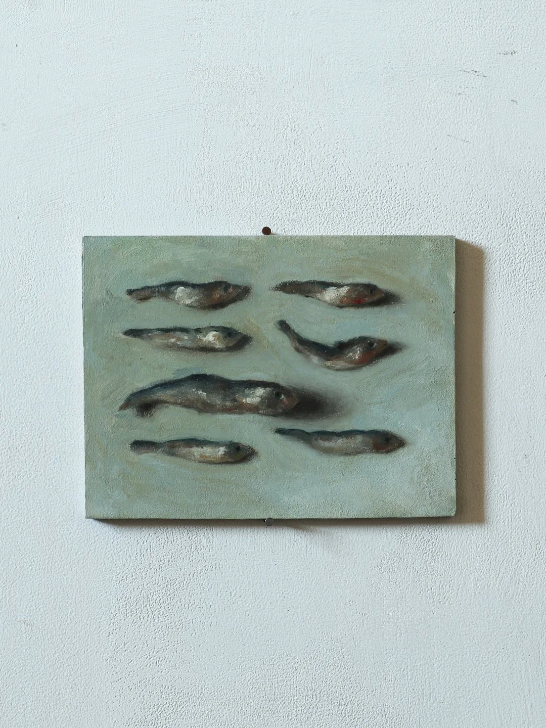 Still life, dried fish 19cmx15cm oil on wood