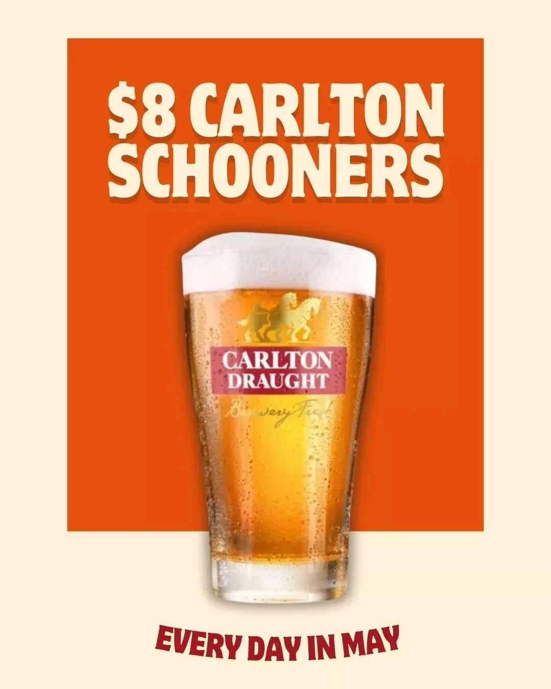 Is it just us, or is the year flying by? ⌚️ Slow things down with $8 Carlton Draught schooners, all day, every day this month. 🍺