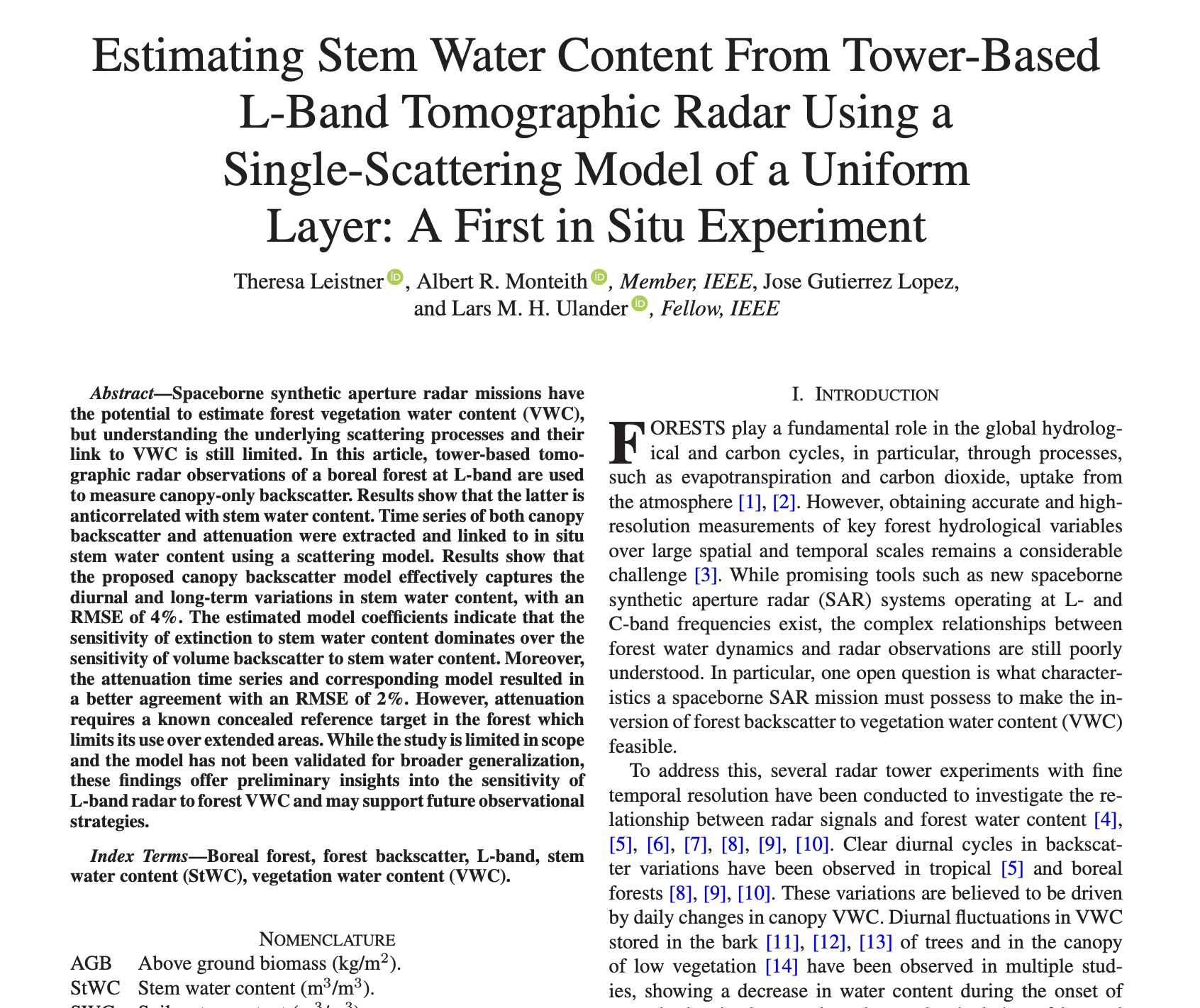Estimating stem water content with L-band tomographic radar