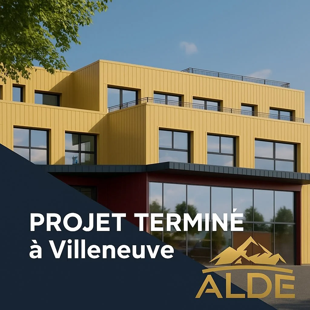 Bâtiment moderne en construction ou rénové avec un éclairage naturel, logo et texte montrant que le projet à Villeneuve est terminé, avec le nom ALDE et une silhouette de montagne en or.