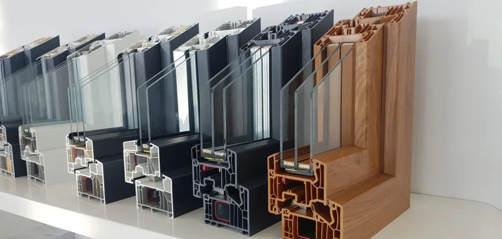 Une rangée de profils de fenêtres en PVC et bois en différentes couleurs, ouverts pour montrer leur structure interne.