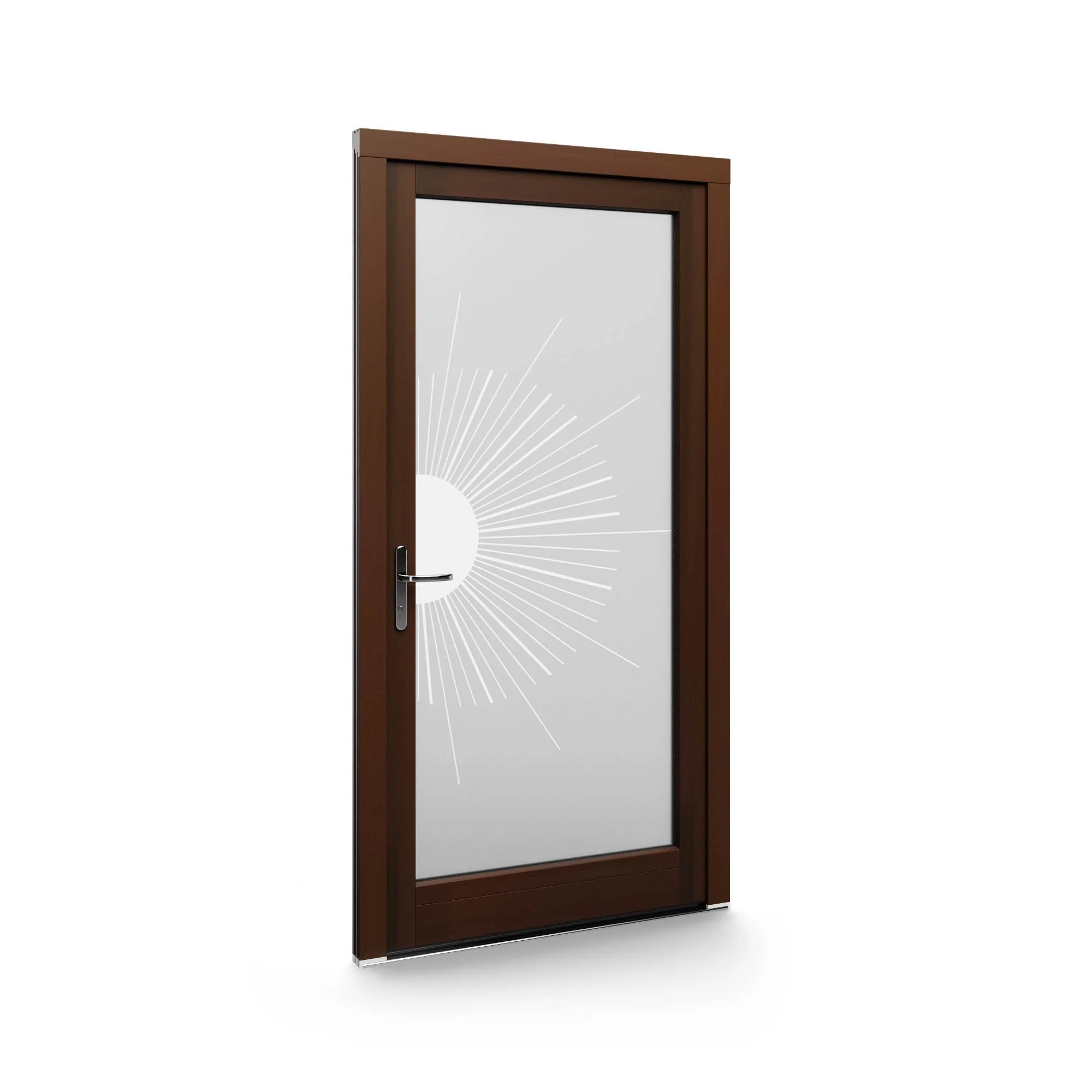 Porte en bois avec une vitre décorative et un motif de rayon de soleil blanc