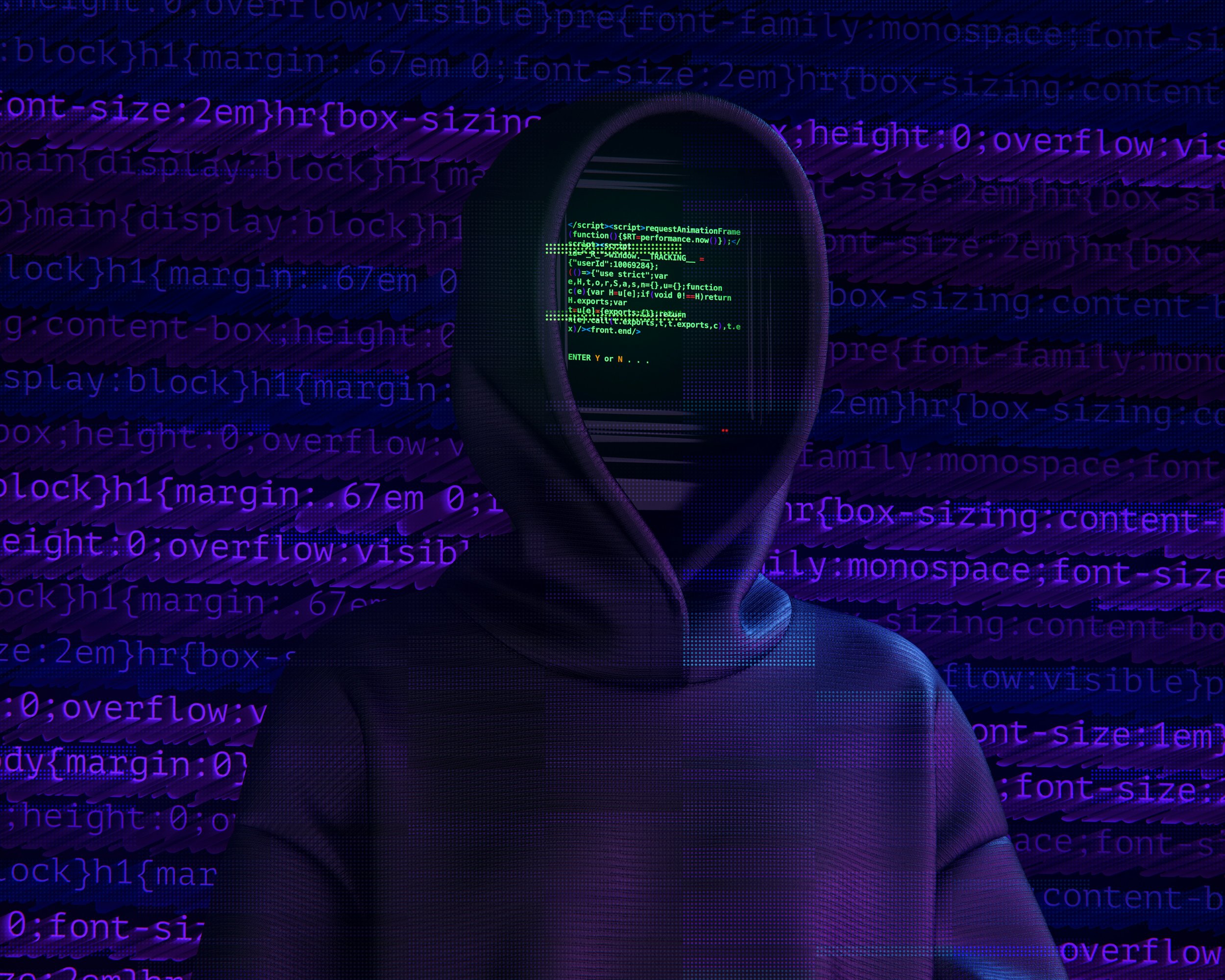 Person in a hoodie with data streams for a face