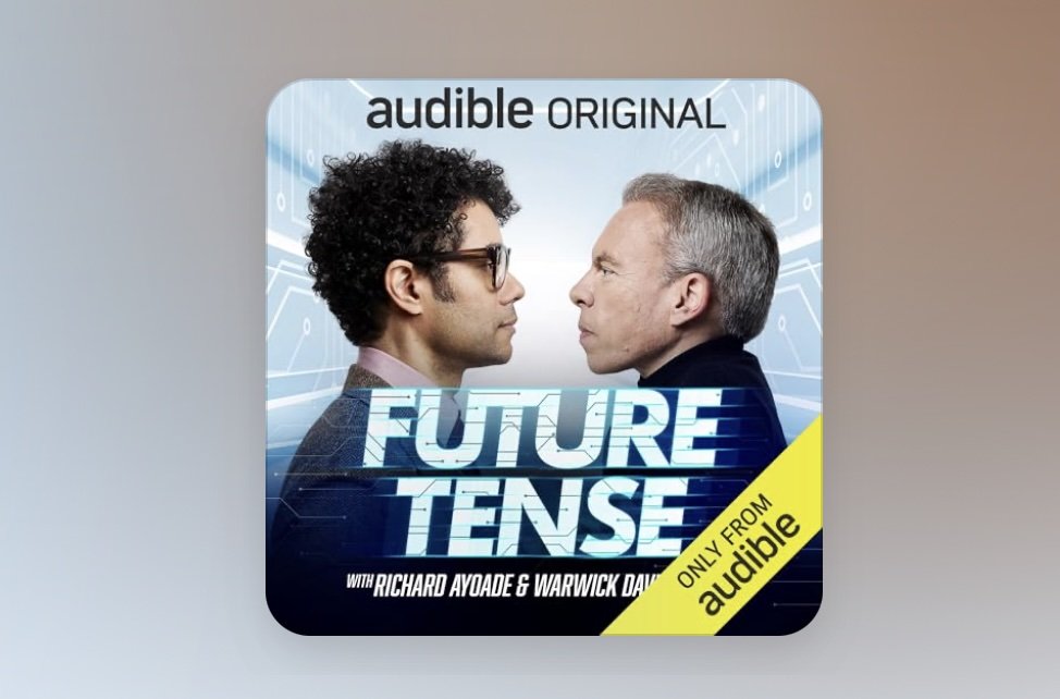 A photo of Richard Ayoade and Warwick Davies facing one another, with the logo of Audible Original Future Tense series