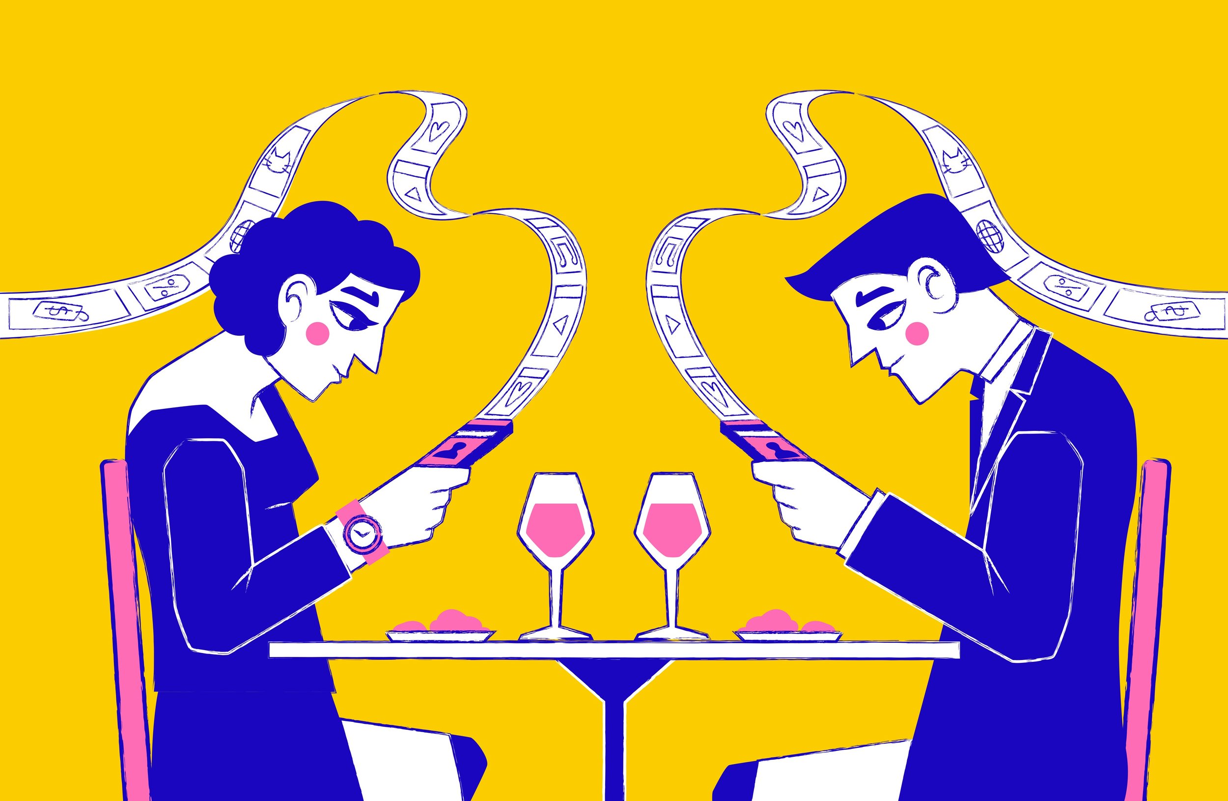 A couple sits at dinner, both looking at their phones.