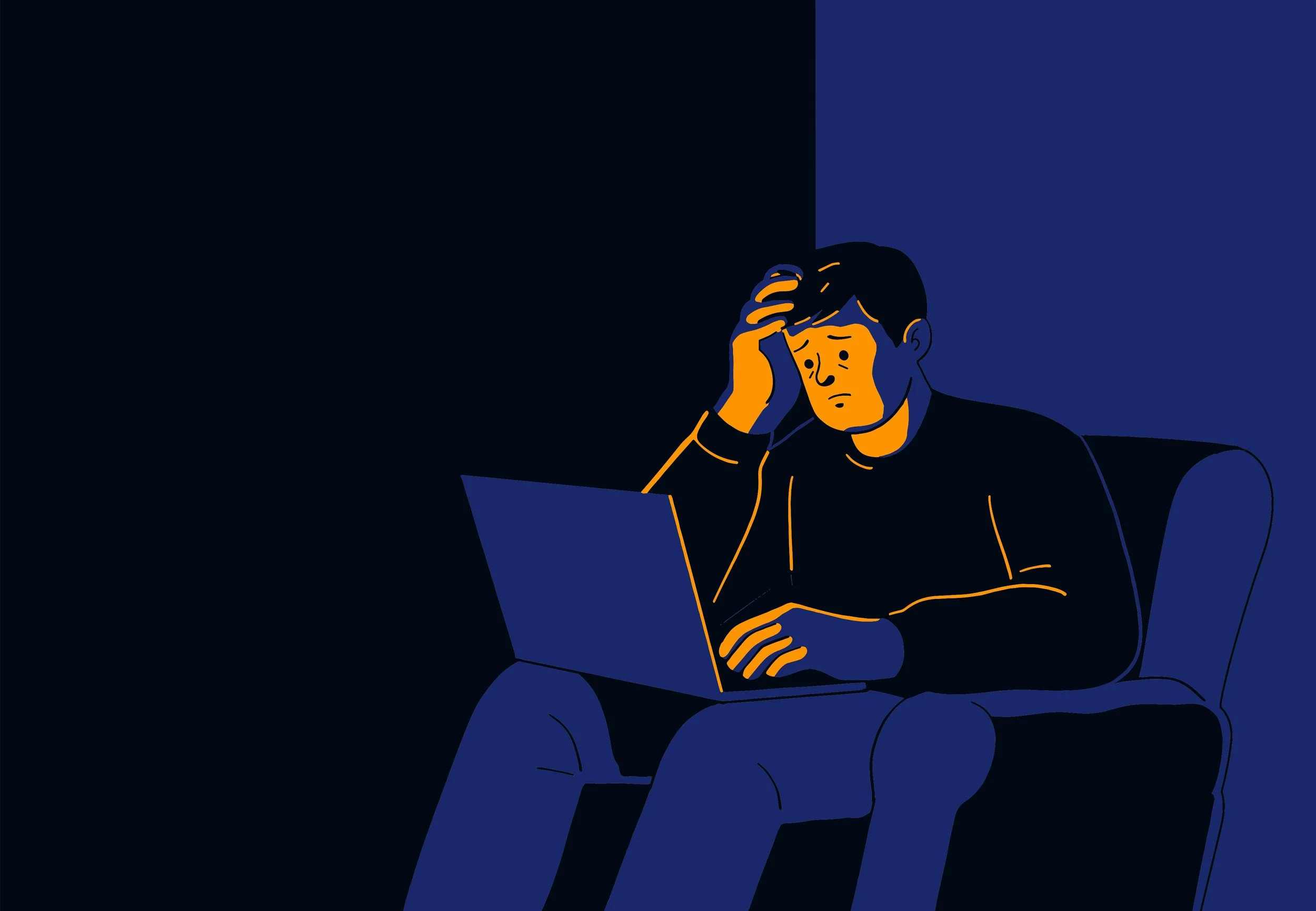An illustration of a sad-looking man looking at a computer screen in the dark