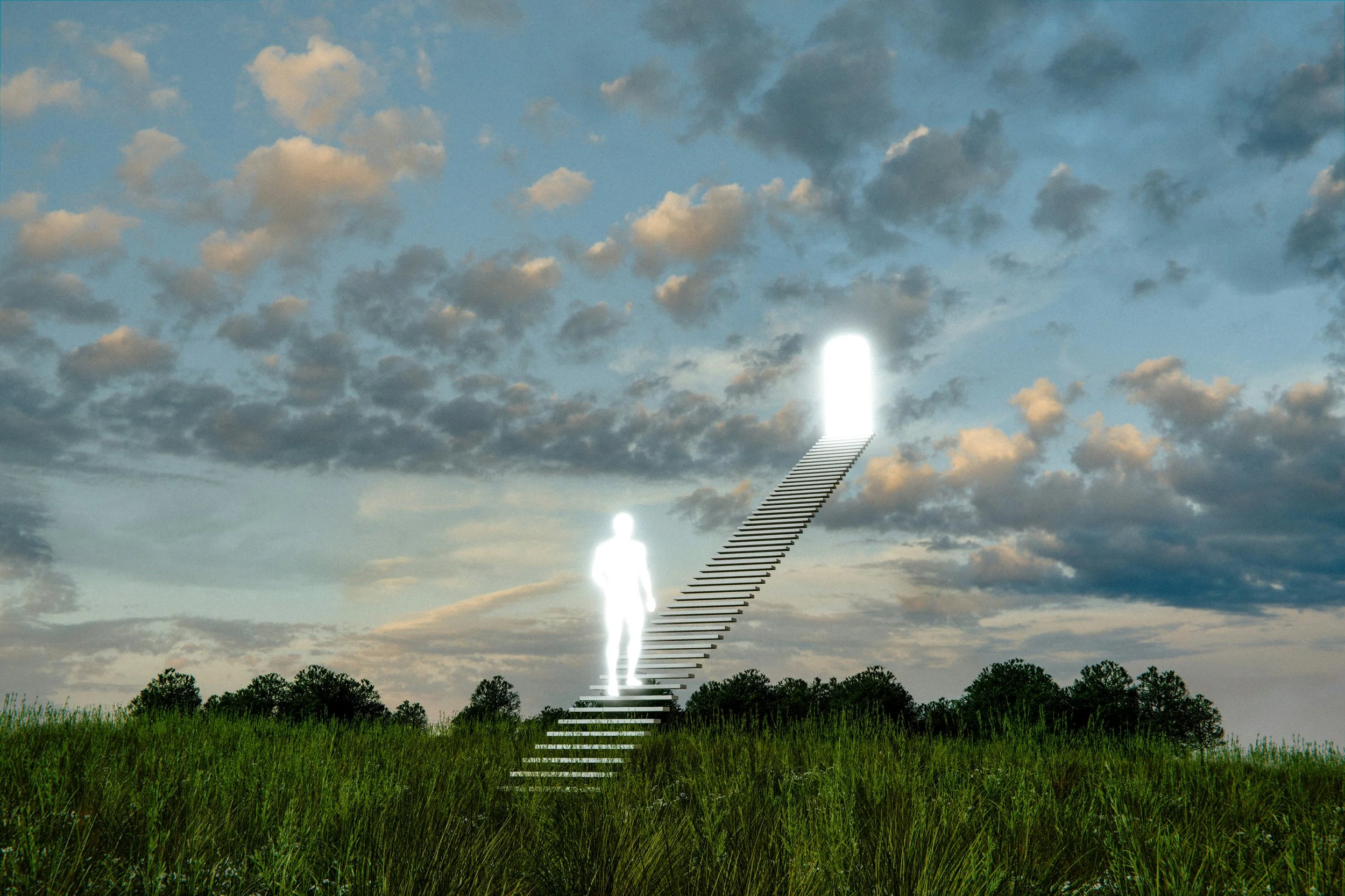 A ghostly figure ascending to a door in the sky