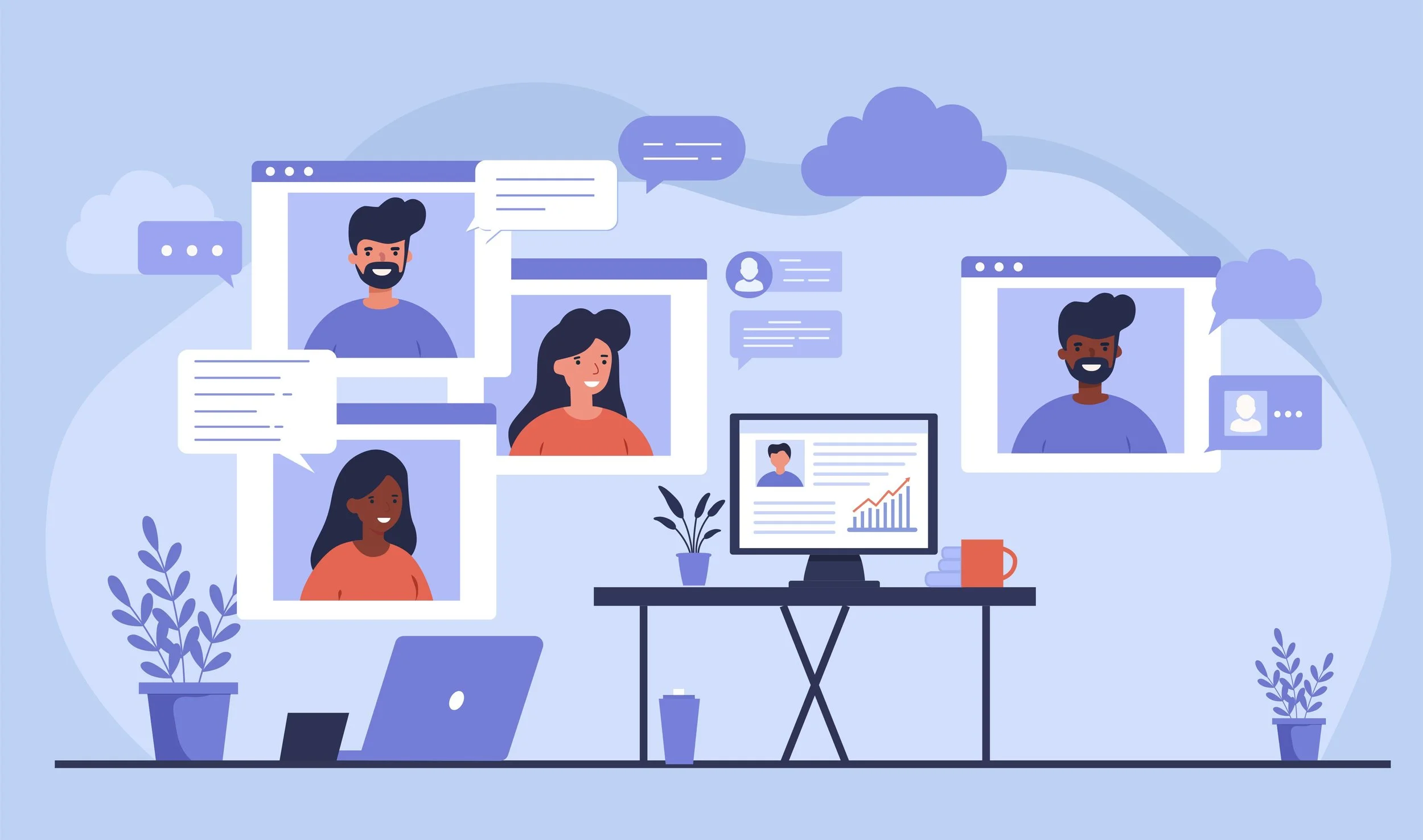 An illustration of multiple people on computer monitors