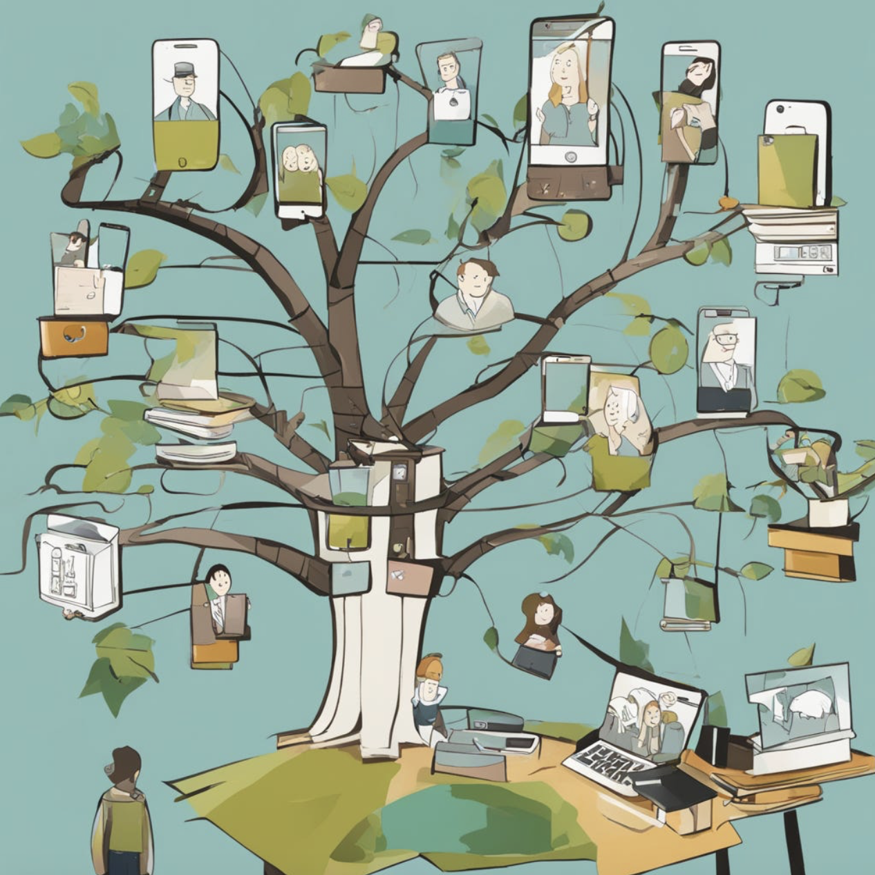 Illustration of a tree with people and electronic devices on its branches, representing connections and digital interactions.
