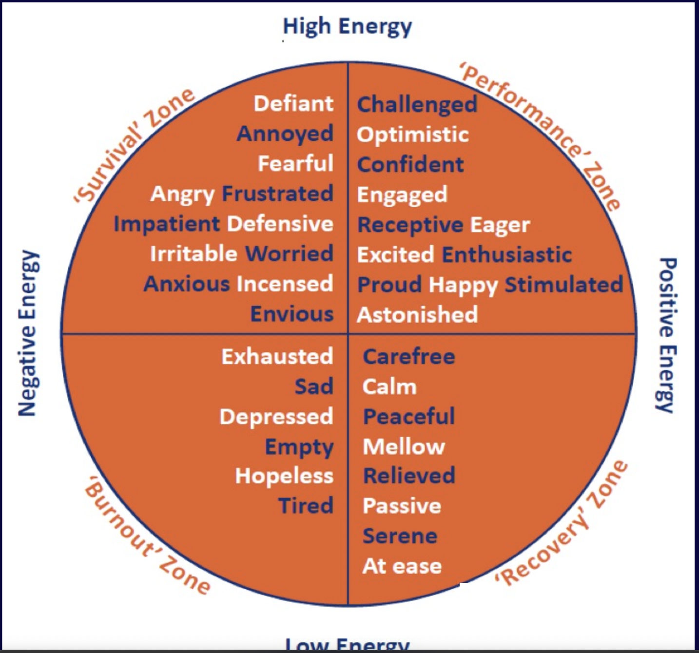 A diagram showing performance, survival, burnout and recovery zones