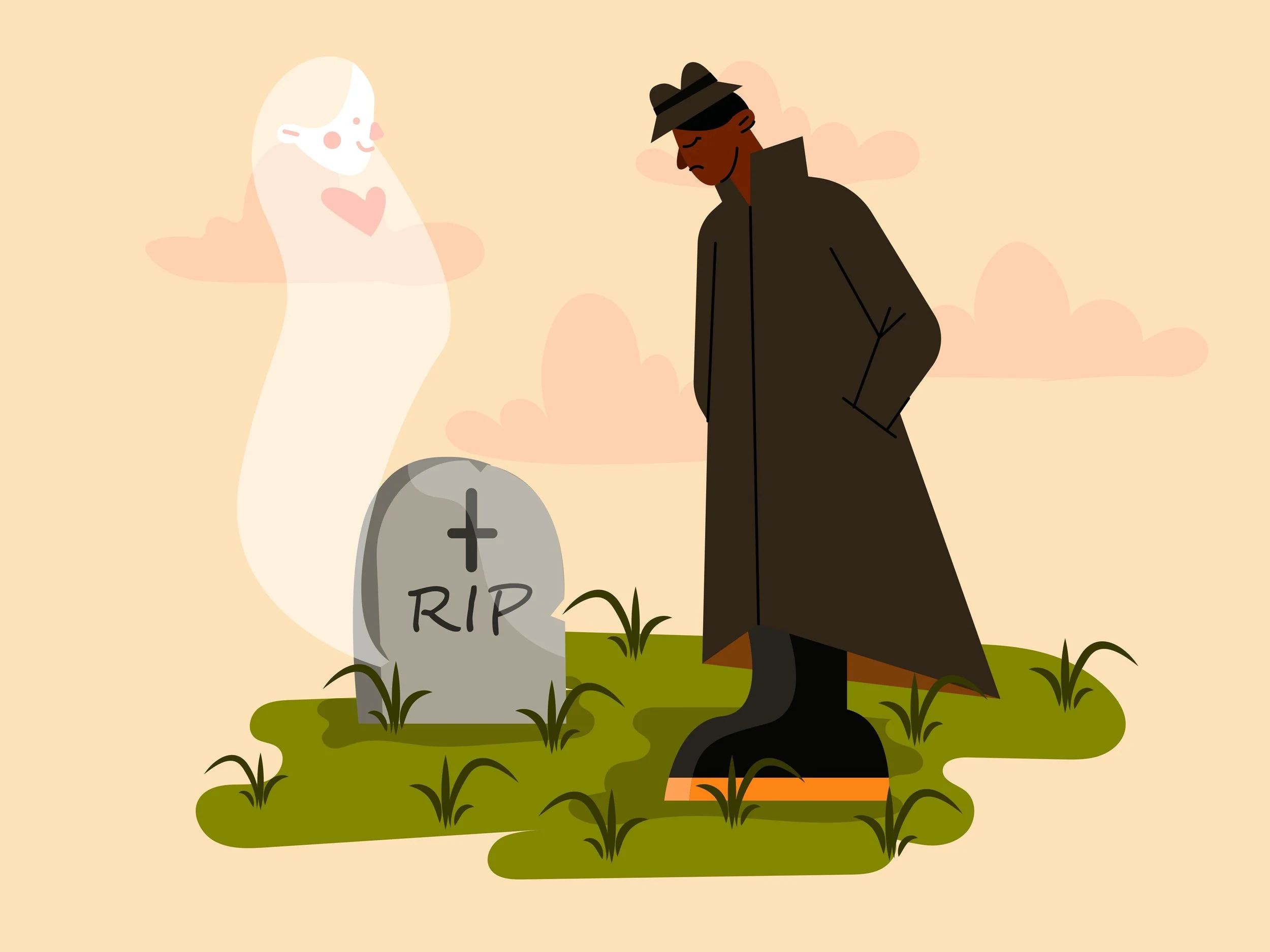Female ghost emerging from a gravestone with male visitor