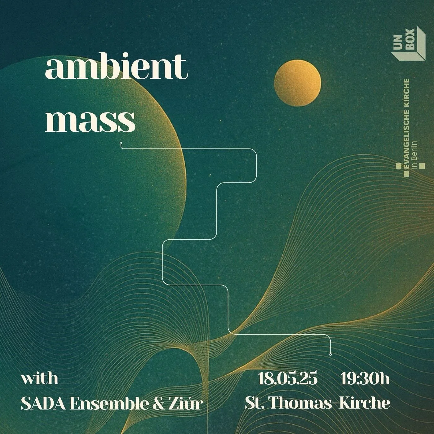 🌘AMBIENT MASS &ndash; blue hour🌒
mit dem SADA Ensemble &amp; Zi&uacute;r

Die Ambient Mass erstrahlt am 18. Mai ab 19:30 Uhr in der St. Thomaskirche in ihrem flie&szlig;enden Sommergewand - Blue Hour. ✨

Ein Abend voller meditativer Musik l&auml;dt