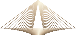 En symmetrisk, futuristisk pyramide med lysstråler, set set fra foran.