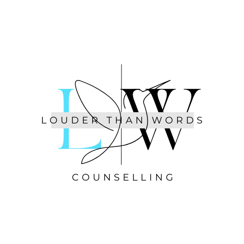 Text graphic with large blue letter 'L' and the phrase 'LOUDER THAN WORD' in black and white.