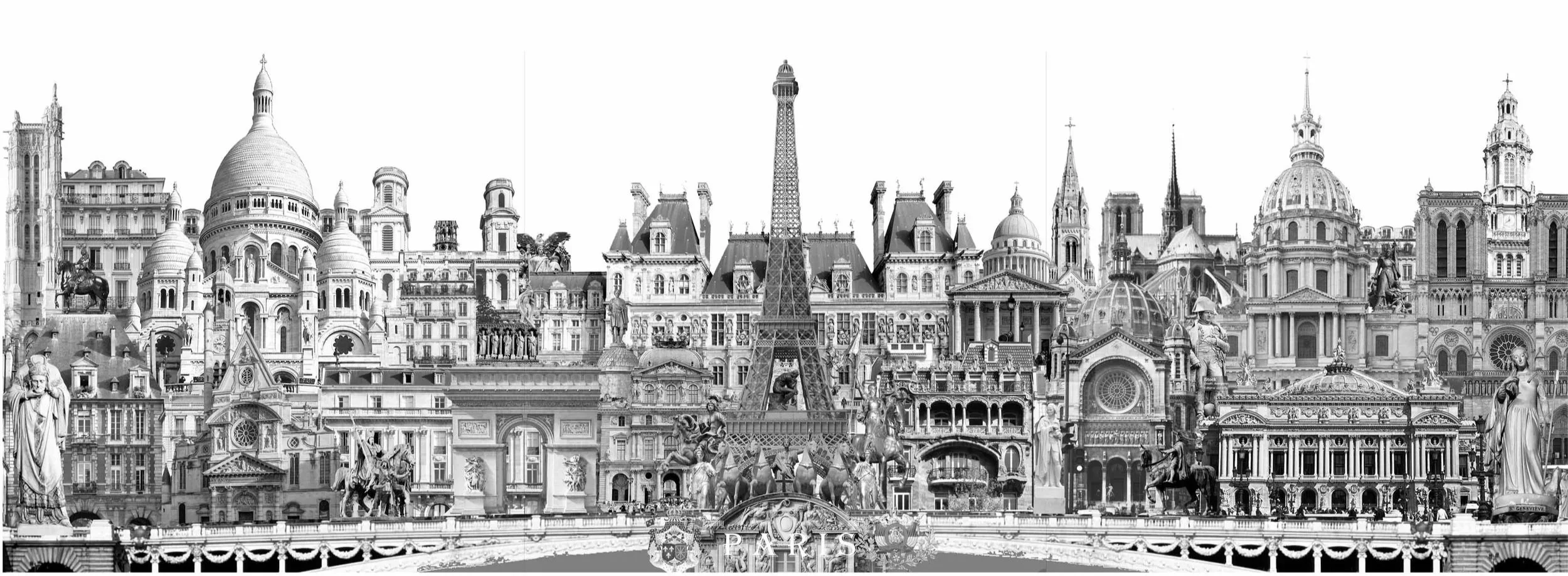 Black and white illustration of Parisian landmarks including the Eiffel Tower, Sacré-Cœur Basilica, and various historic buildings and statues.