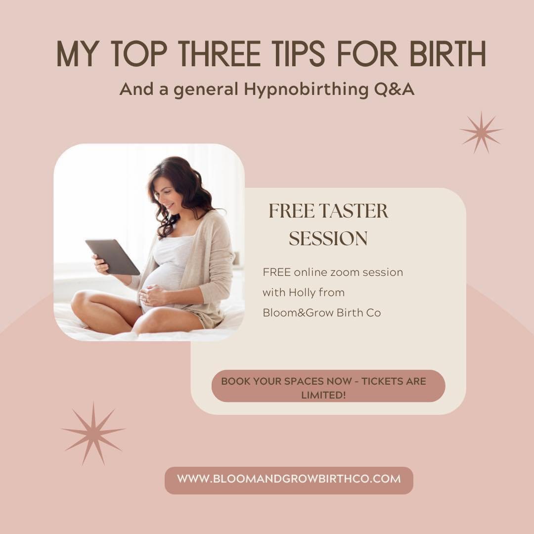 Hey everyone!
I have a free session coming tonight (24th April) from
 7-7:30pm with my top three tips for birth and a Hypnobirthing Q&amp;A it's completely free with no strings attached.
Spaces are very limited so book your space to have your questio