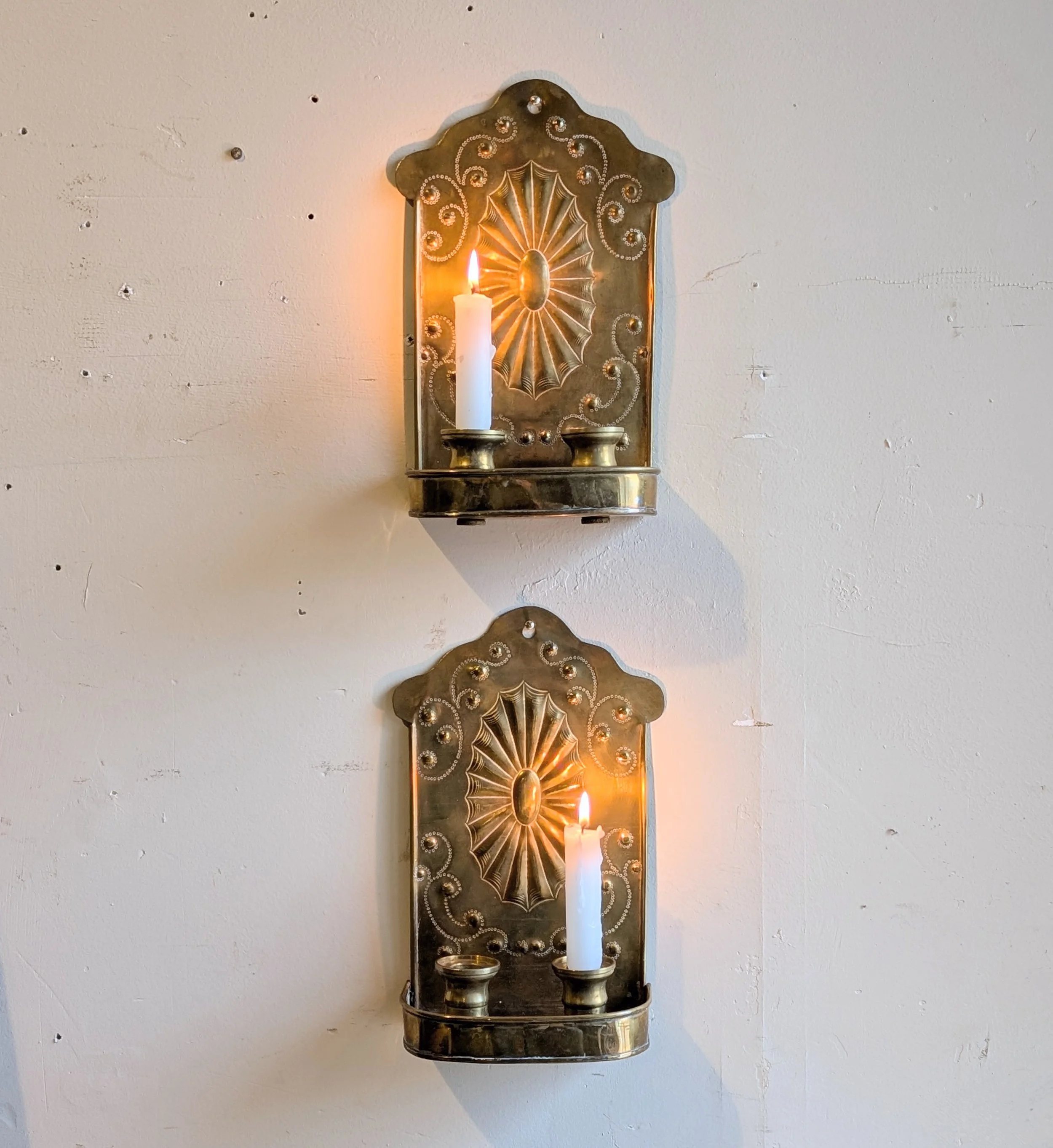 Pair of English Brass Repousse Wall Candle Sconces