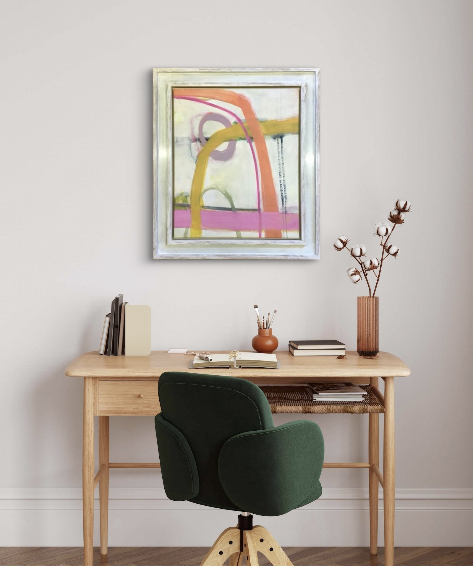 Trudie Tara Moulton abstract painting pink coral mustard yellow stripe InMDreams office desk.web.jpg