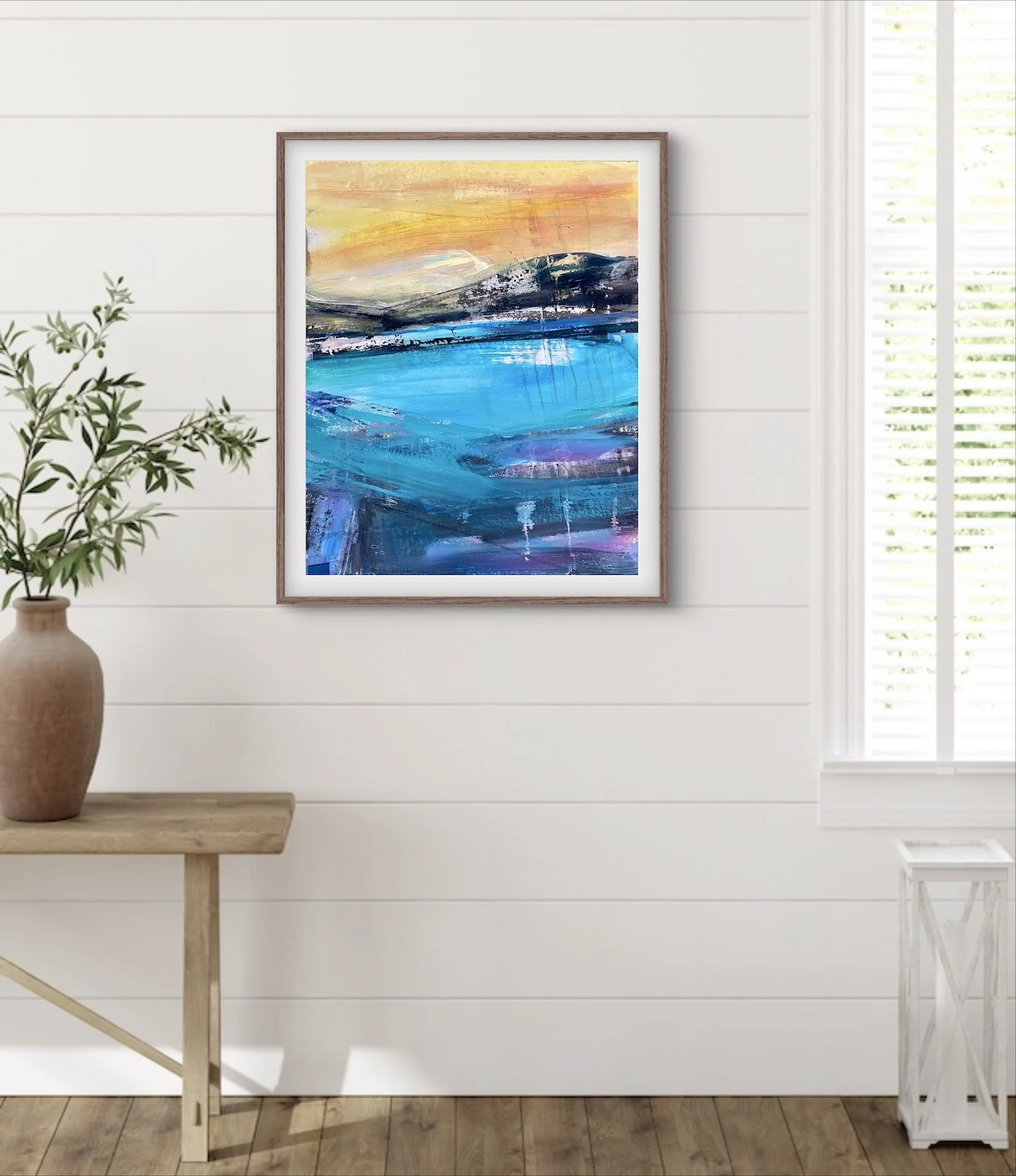 Alpine+Waters+blue+turquoise+yellow+landscape+painting+by+Trudie+Tara+Moulton+yellow+bed+couch+white+wall.web.jpg