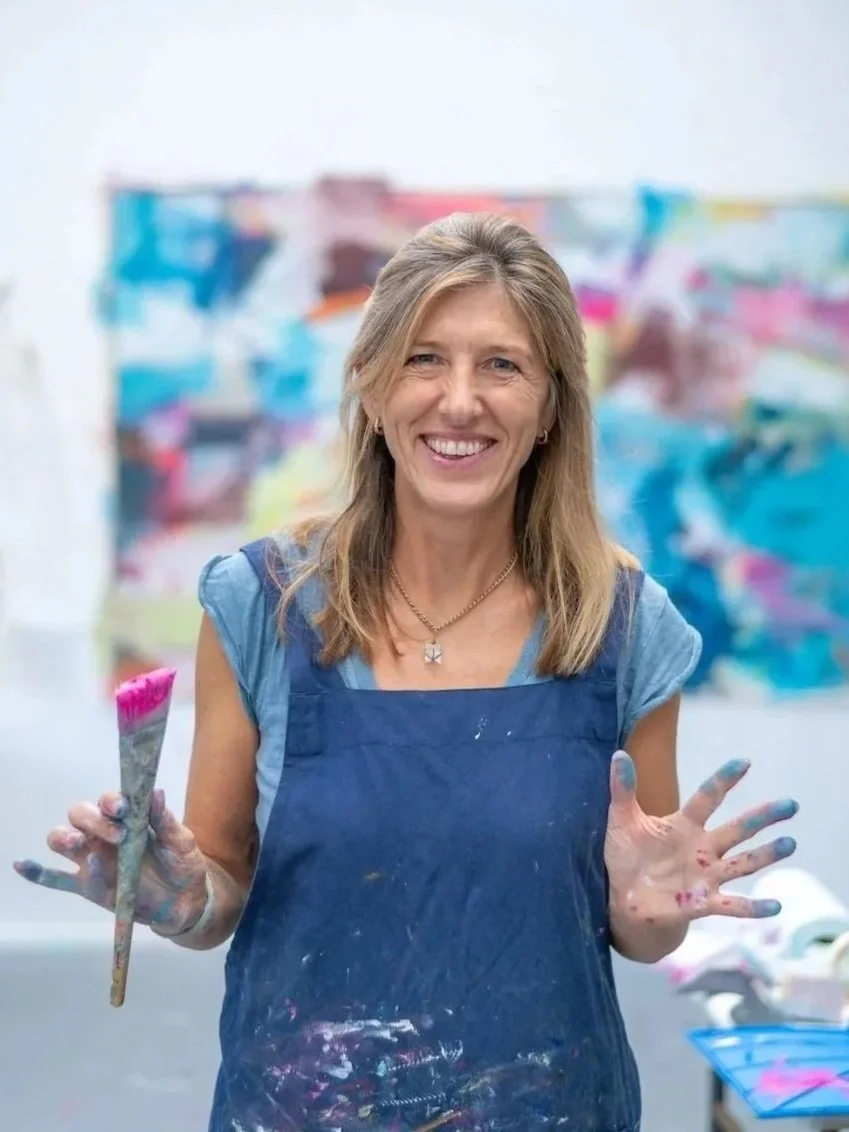 Trudie Tara Moulton professional abstract painter in her studio in West Cornwall UK
