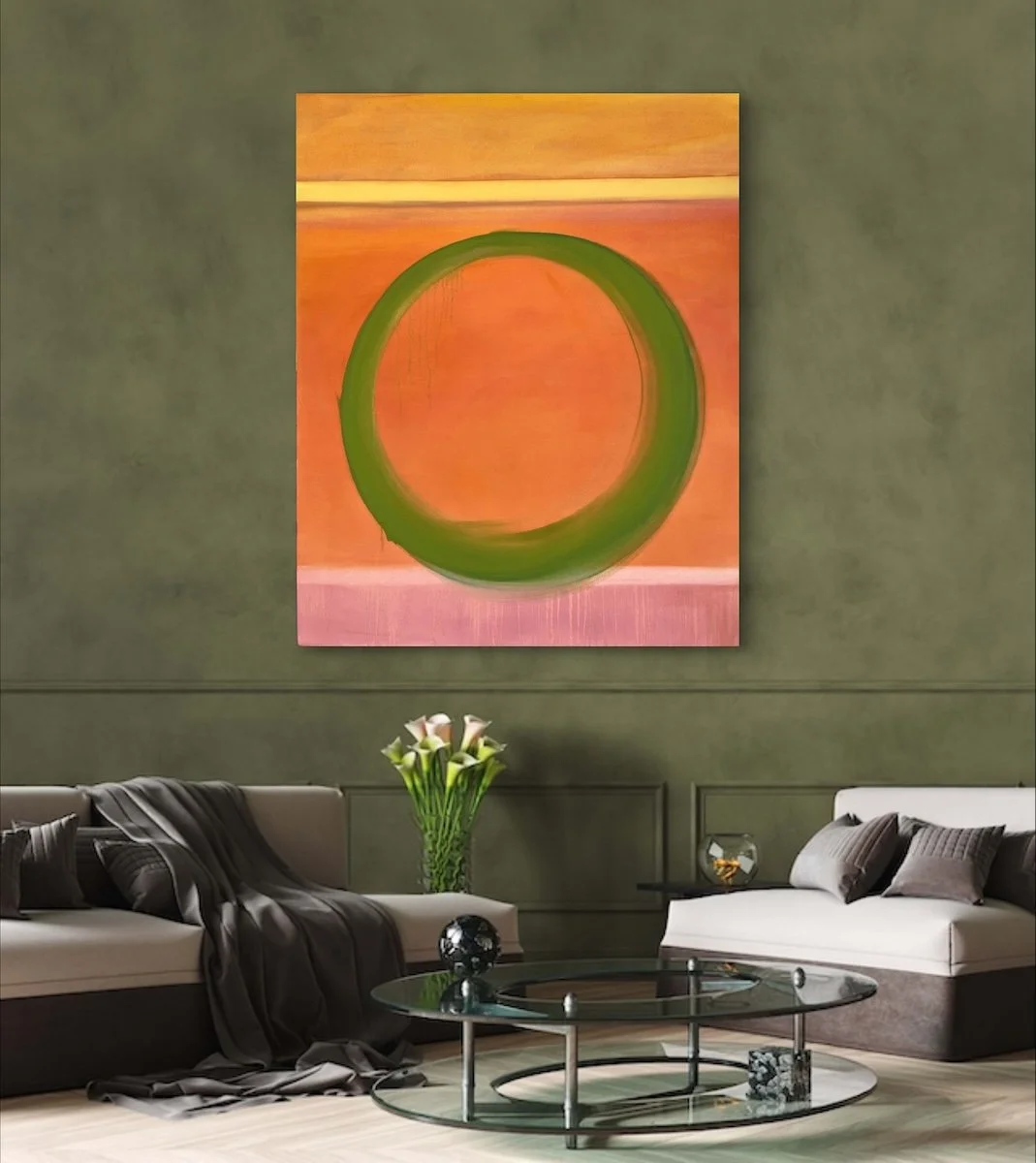 Sat Chit Ananda large orange green circle pink chinese asian zen abstract canvas painting by Trudie Tara Moulton with green wall.web.jpg