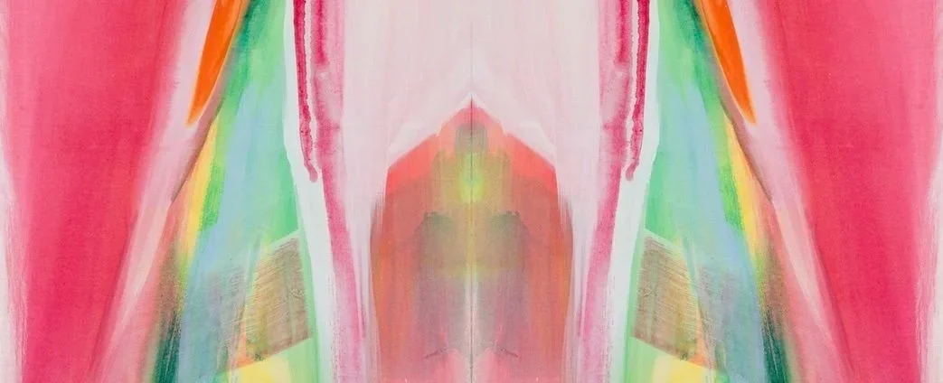 Abstract watercolor painting with symmetrical patterns in pink, red, green, orange, yellow, and hints of blue.